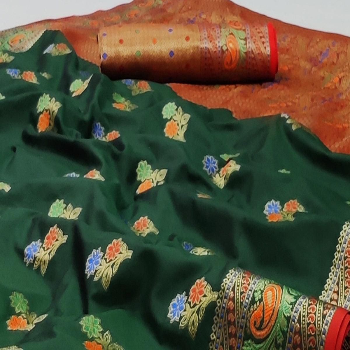 Peachmode Bottle Green Festive Wear Floral Woven Soft Silk Saree With Jacquard Border - view 2