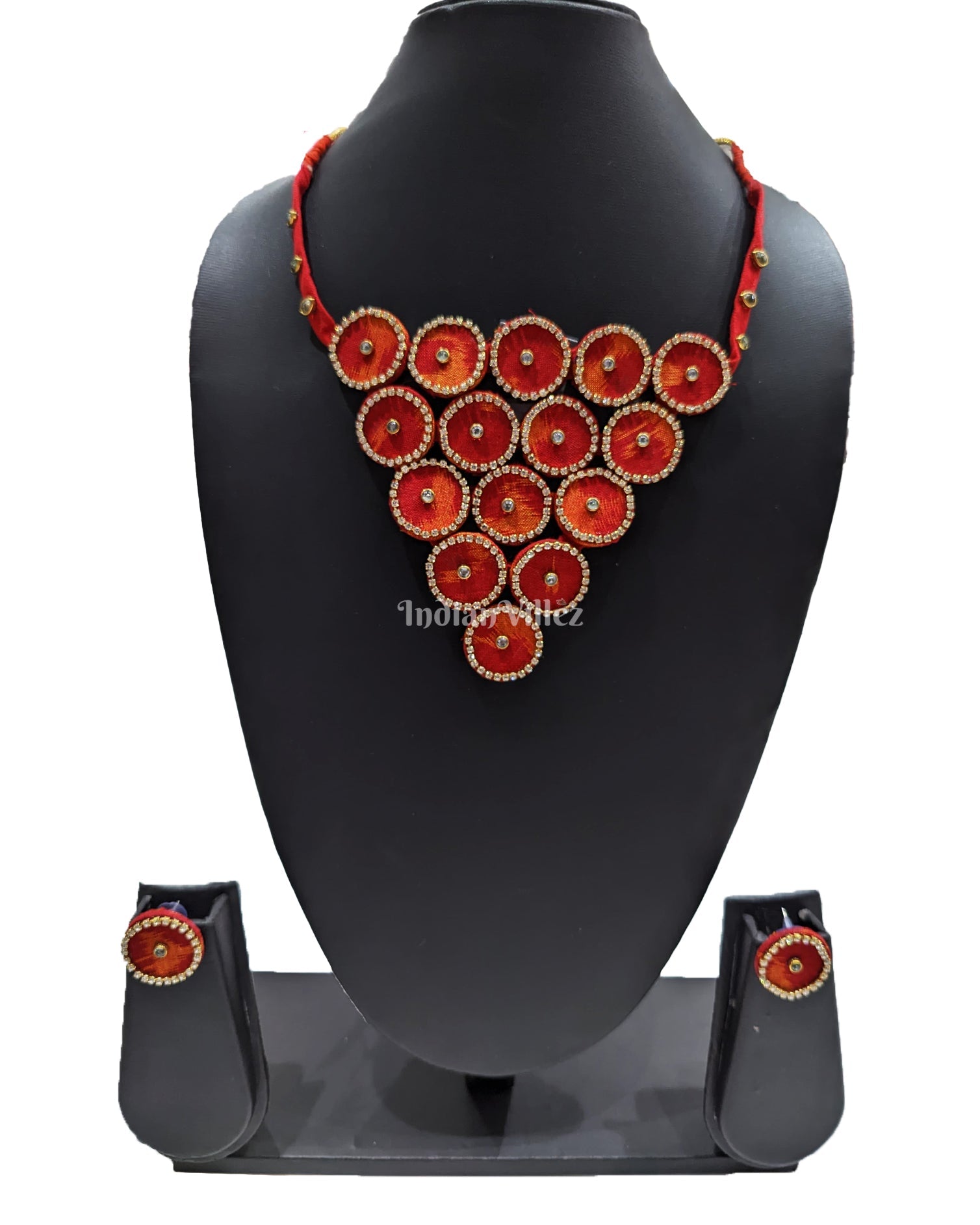 IndianVillèz Red Mustard Coin Shape Necklace Sambalpuri Fabric Choker Jewellery - Necklace & Earrings Set