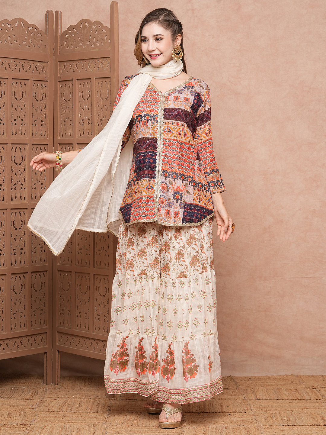 Fashor Multi Printed Sequins & Resham Embroidered kurti with Sharara & Dupatta - Multi - view 3