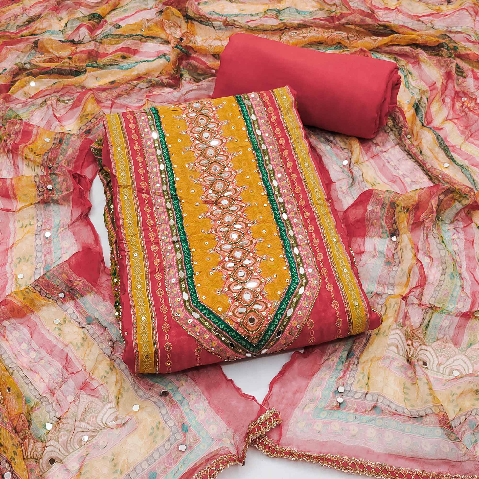 Peachmode Light Pink Embroidered With Printed Work Crepe Dress Material