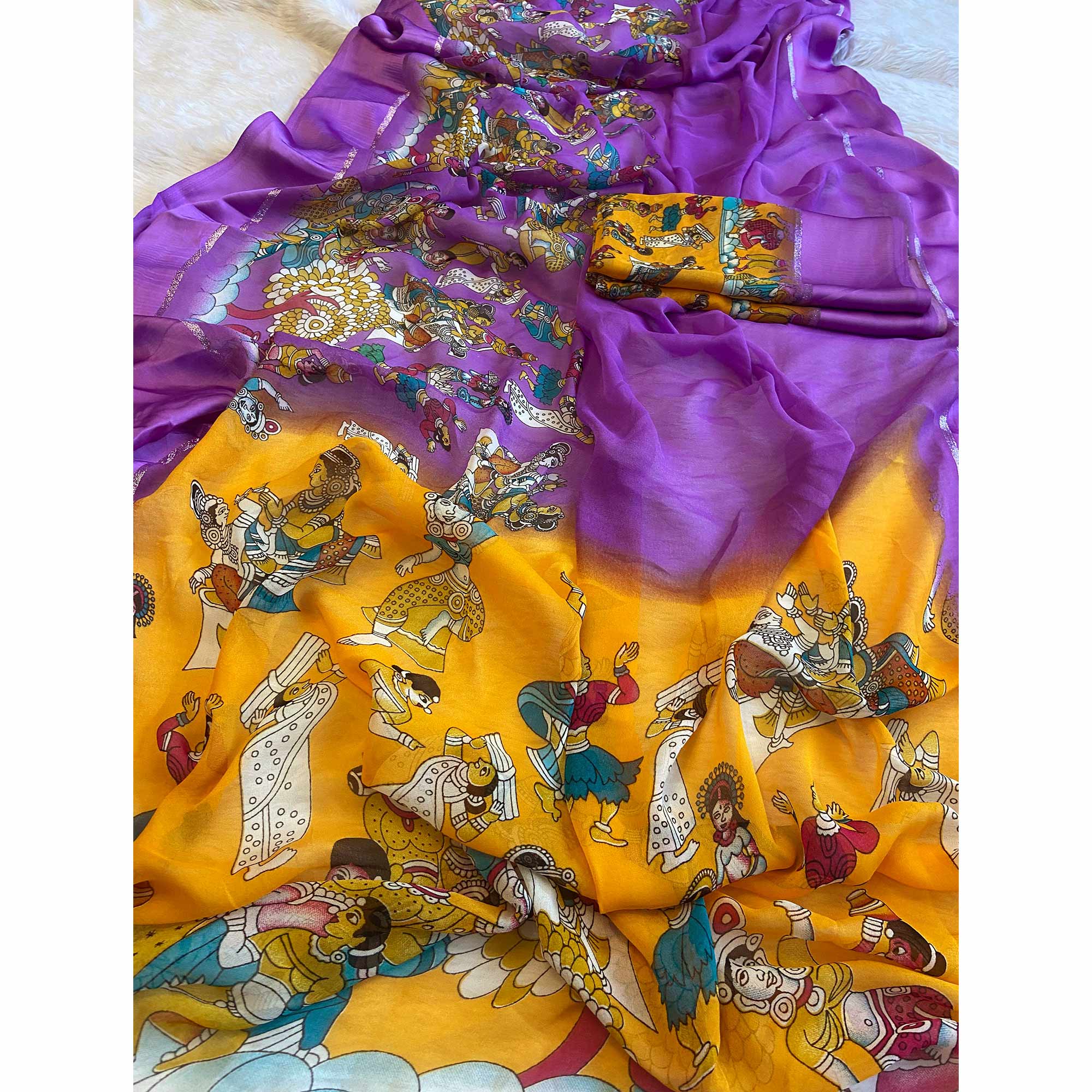 Peachmode Lavender Printed Georgette Saree With Satin Border - view 5