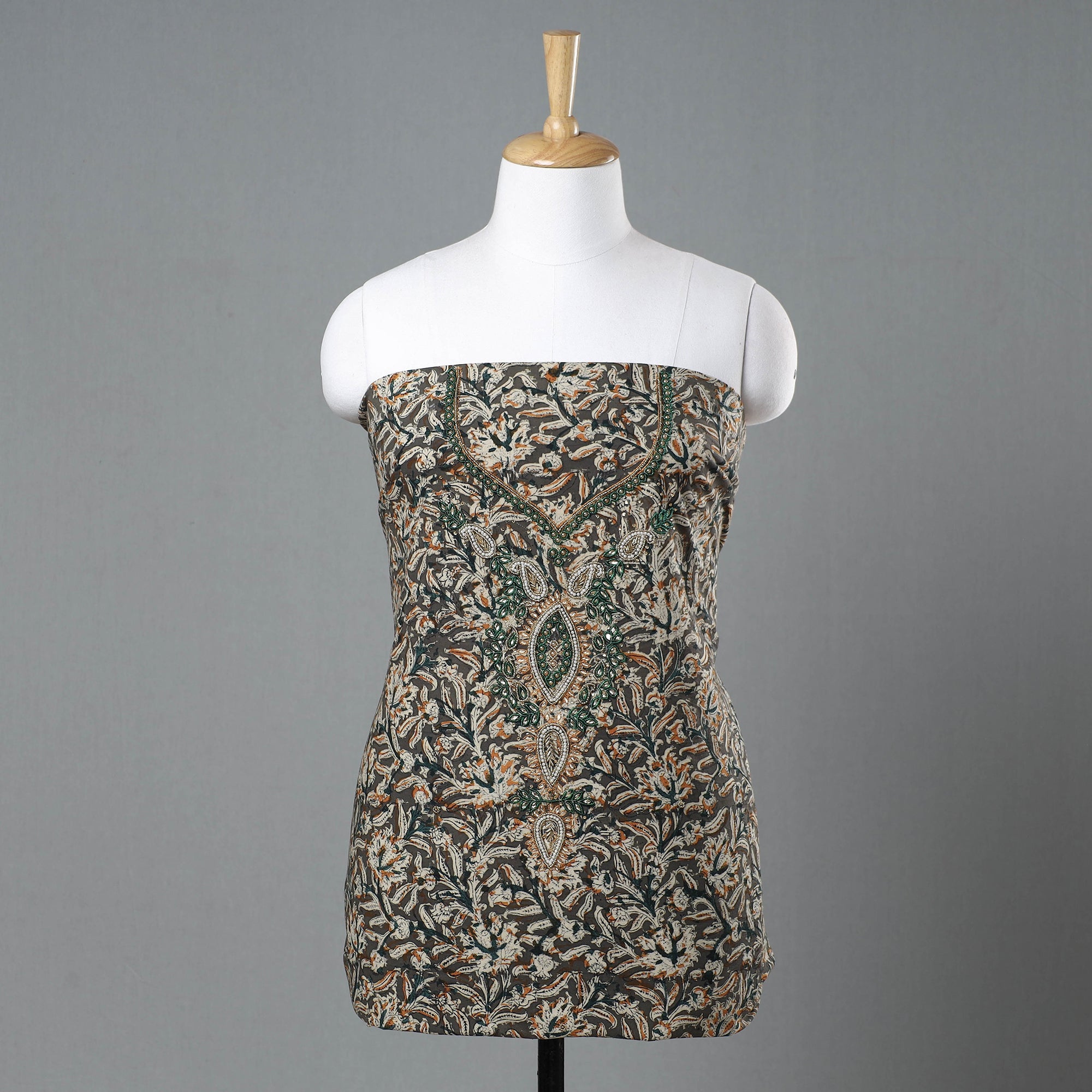 NOORI BAZAR Brown - Kalamkari Block Printed Kundan & Bead Work Hand Embroidery Cotton Kurta Material - 2.55 Meter