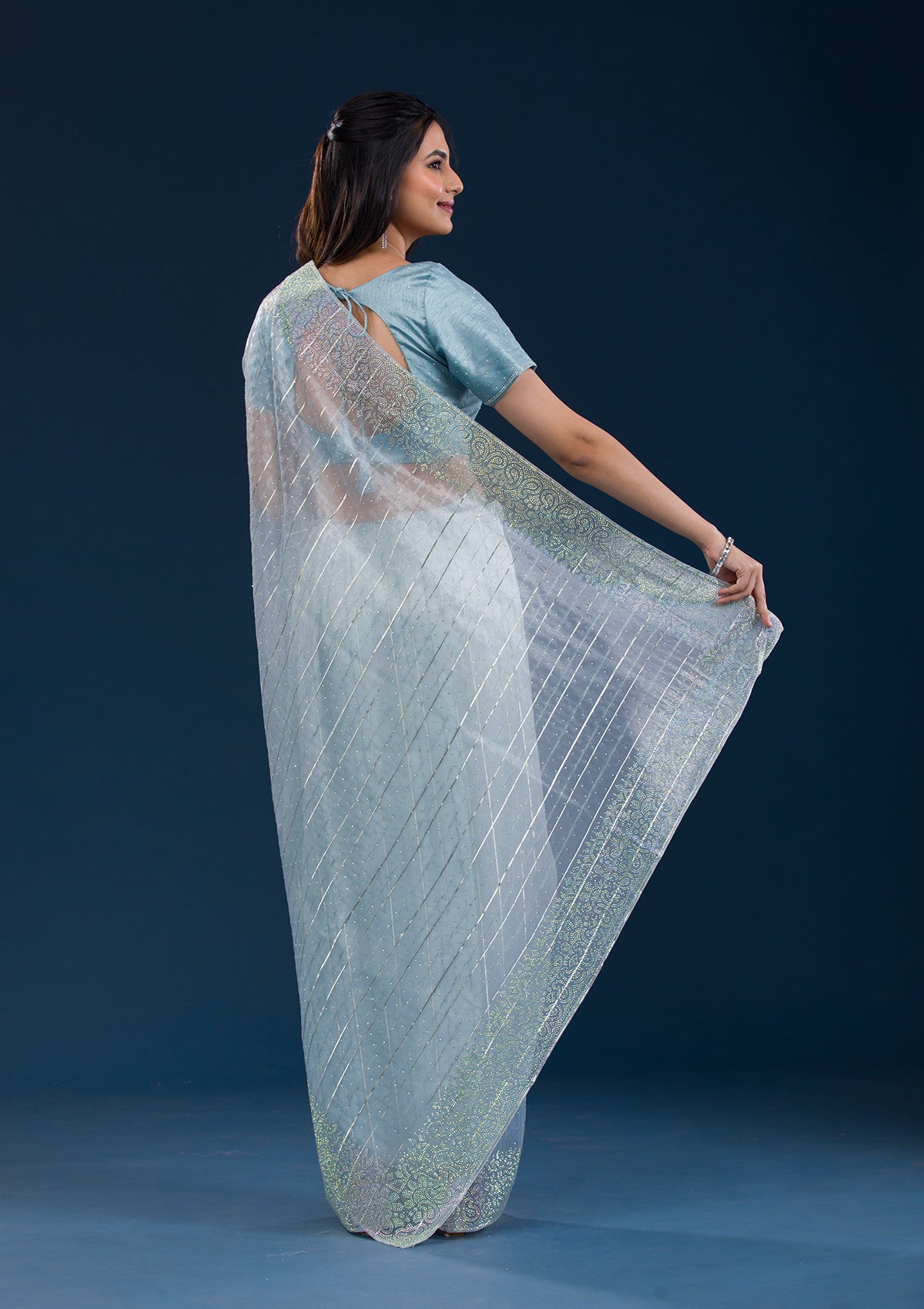 Koskii Sky Blue Stonework Tissue Saree – Women's - view 2