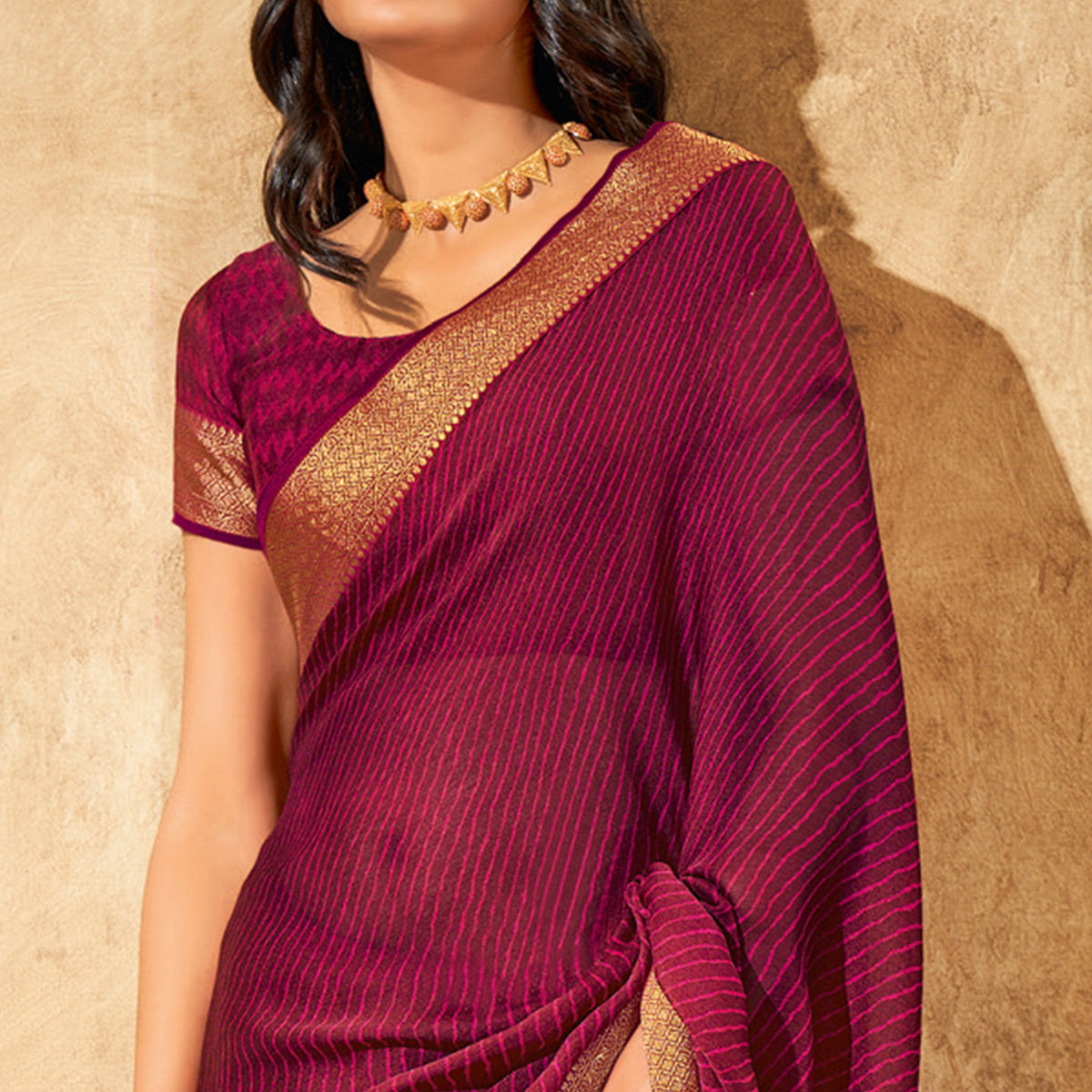 Peachmode Magenta Purple Printed Chiffon Saree With Brocade Lace - view 2