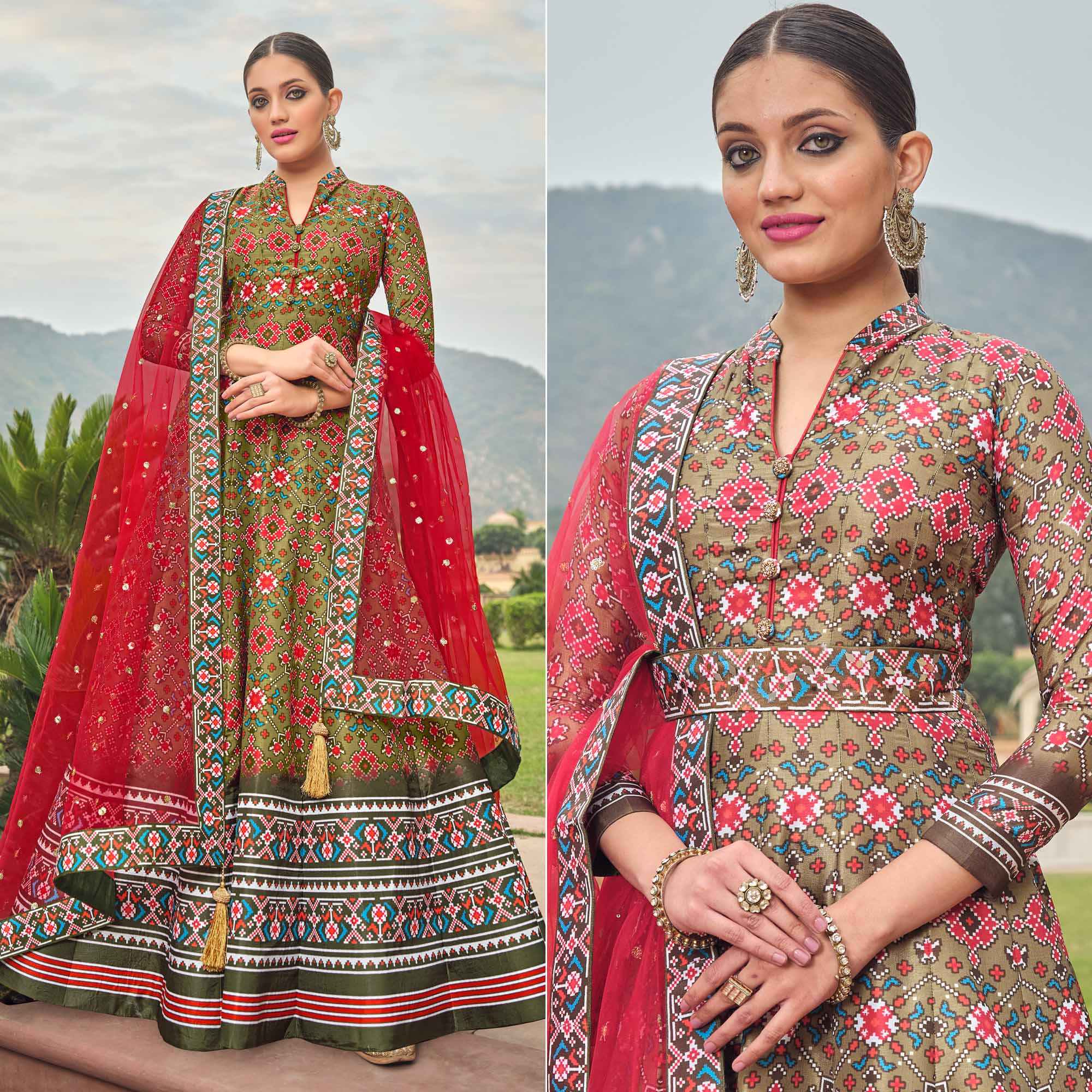 Peachmode Seller Mahendi Green Patola Digital Printed Dola Silk Gown