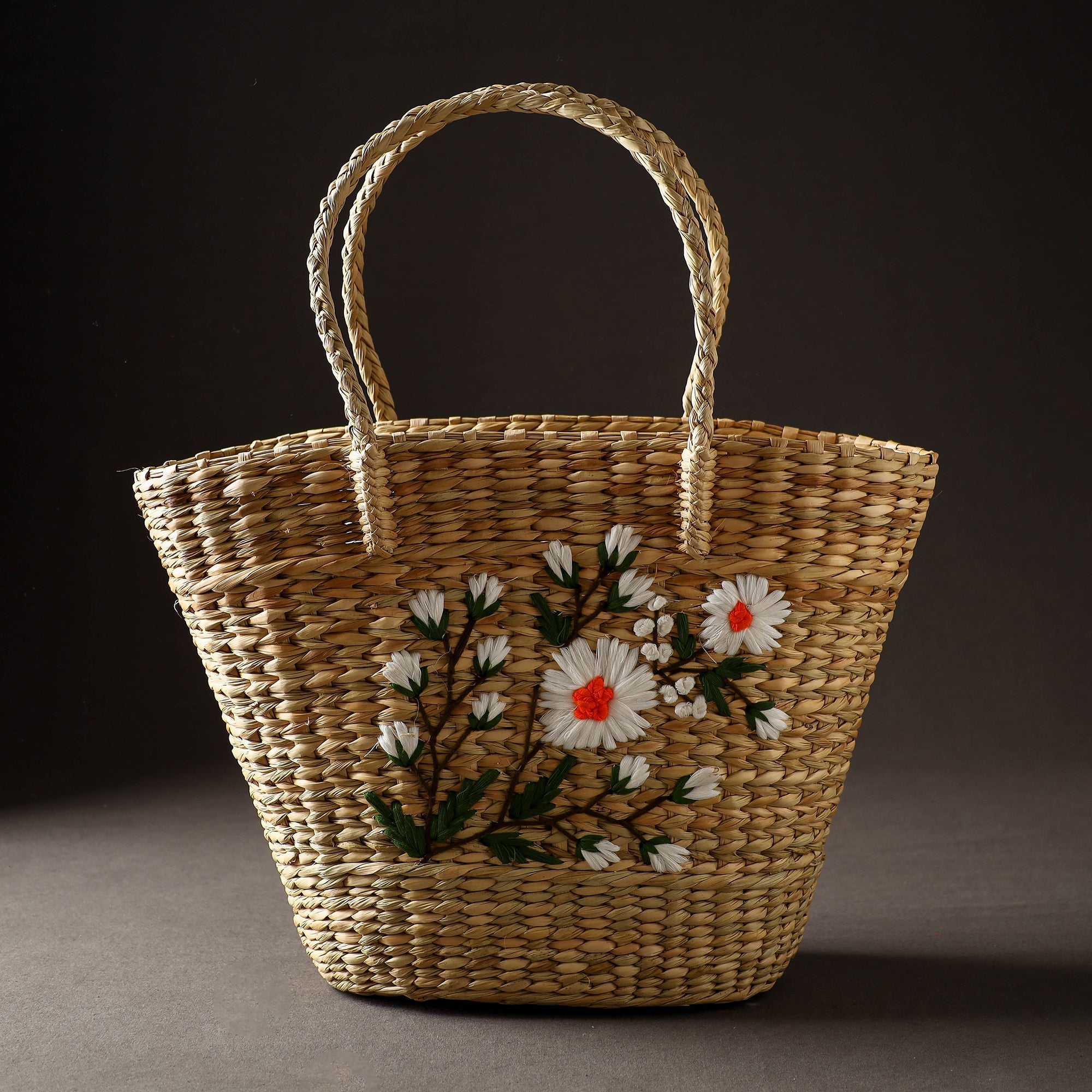 ITOKRI CRAFTS INITIATIVE Beige - Handcrafted Natural Water Reed Embroidered Shopping Bag