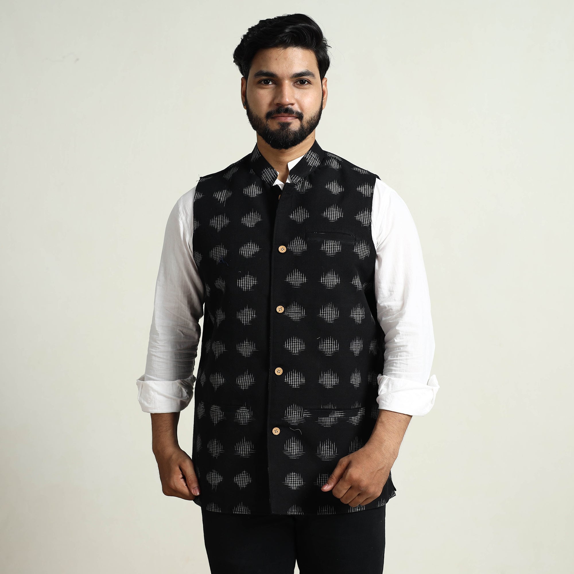 ITOKRI CASUALS Black - Pochampally Double Ikat Handloom Cotton Men Nehru Jacket 11