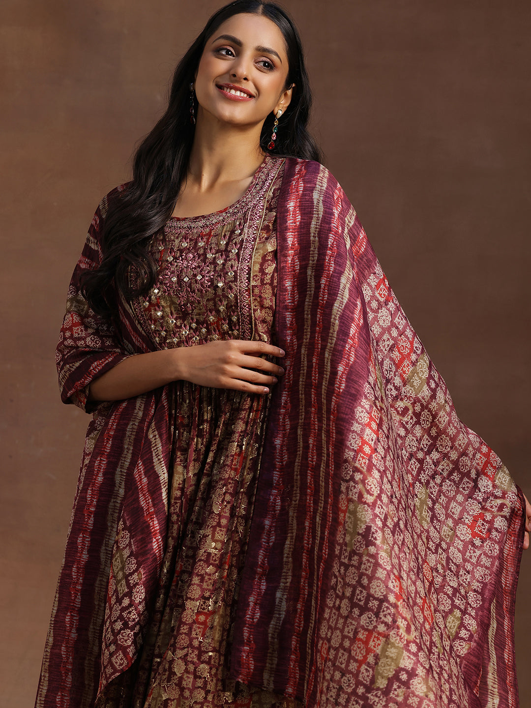 Libas Burgundy Printed Silk Blend A-Line Kurta With Trousers & Dupatta - view 6