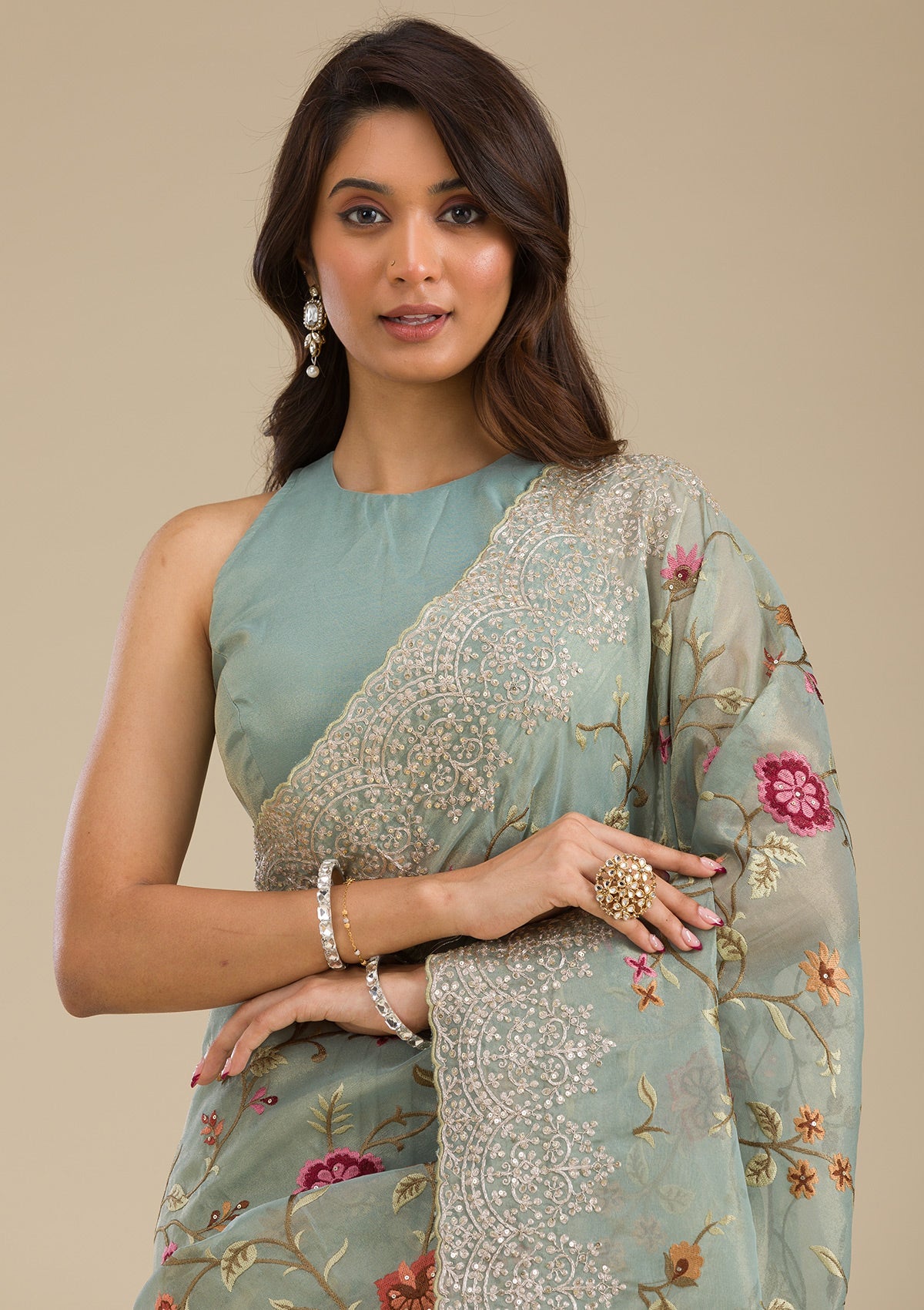 Koskii Sky Blue Zariwork Tissue Saree – Women's - view 6