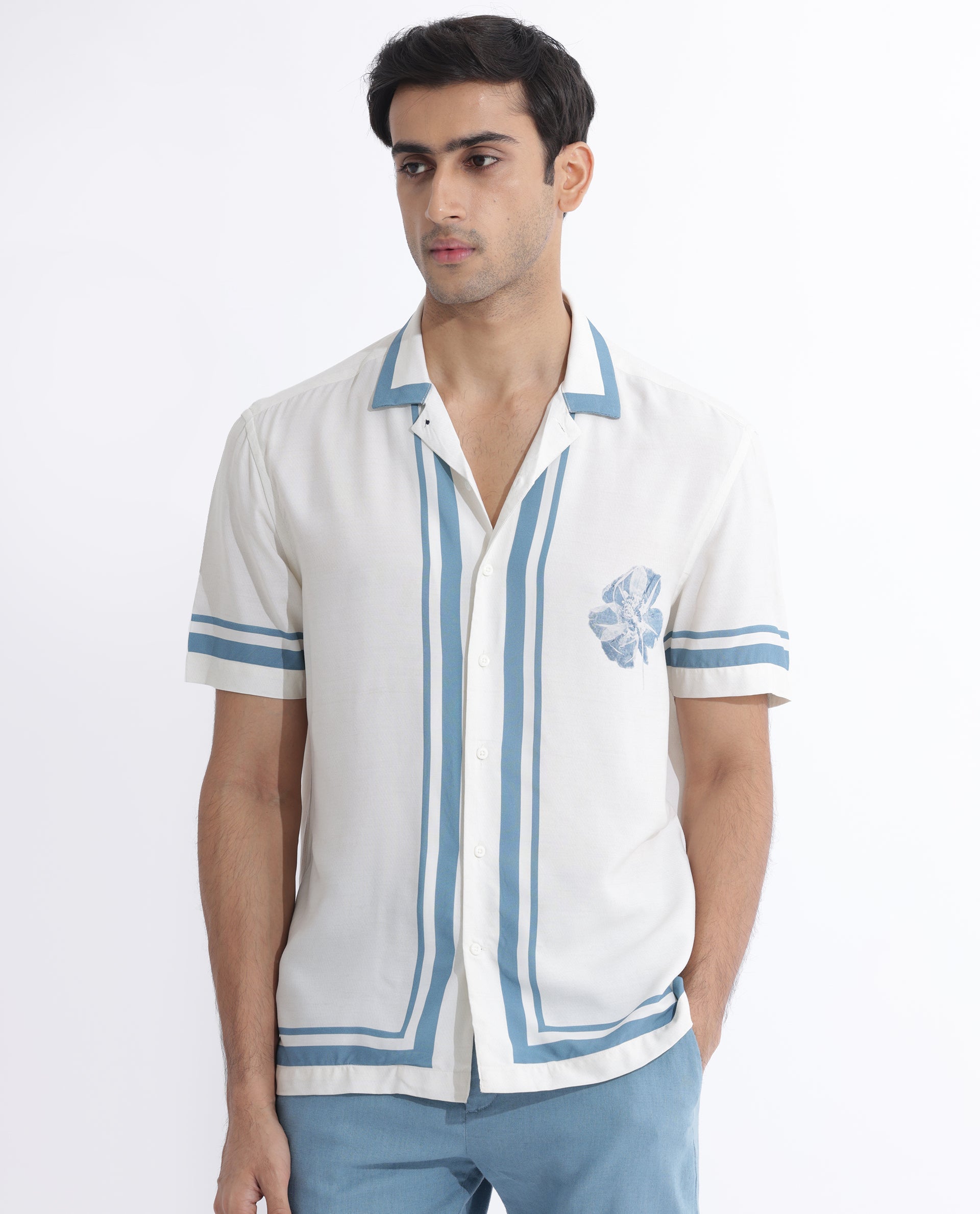 Rare Rabbit Men's Bluna Off-White Viscose Fabric Half Sleeves Cuban Collar Floral Print Shirt - view 5
