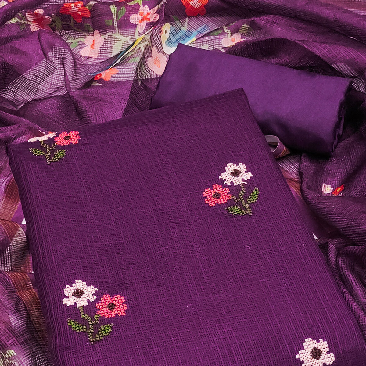 Peachmode Dark Purple Floral Embroidered Kota Doria Dress Material - view 2