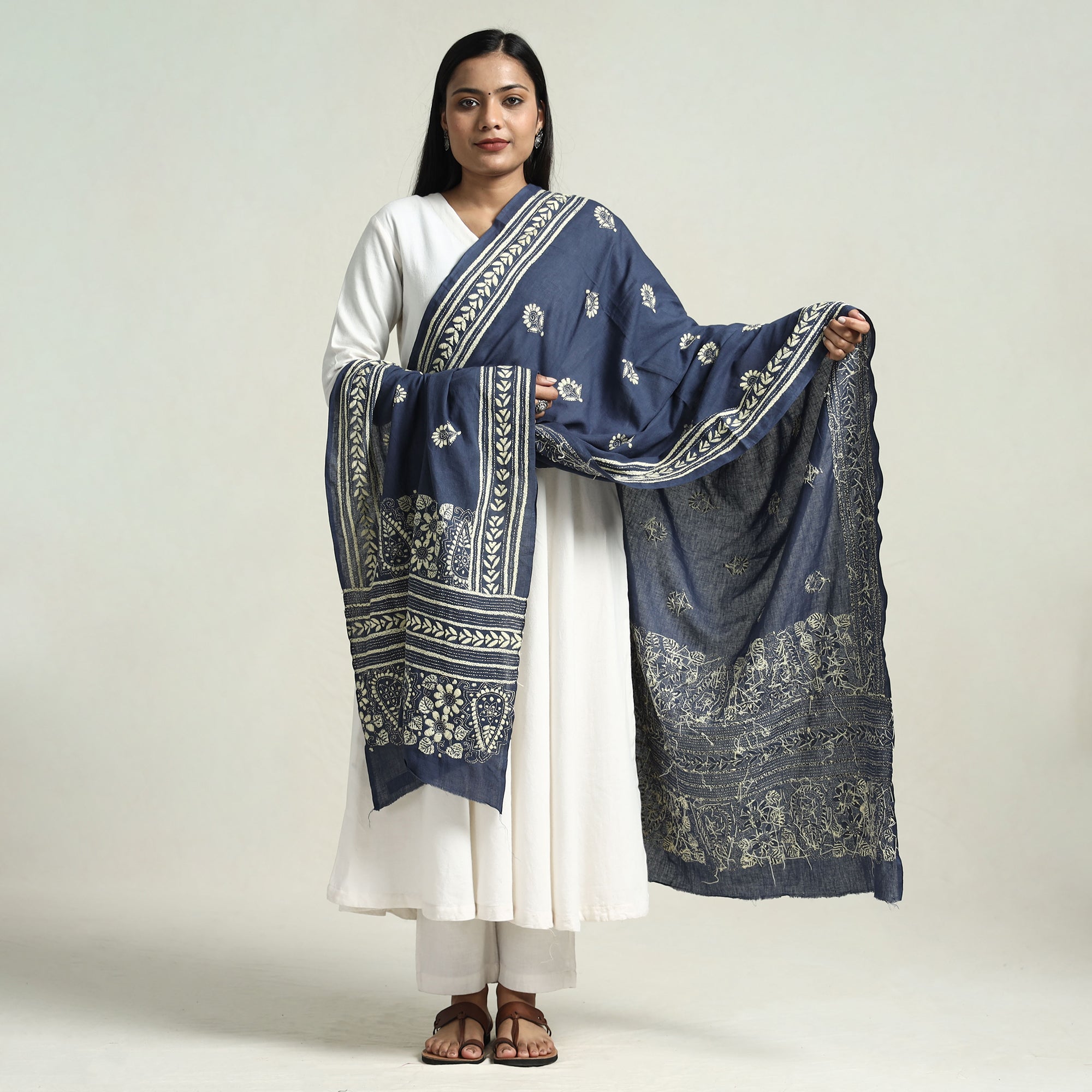 KHUSHBASH - HAPPY LOOM OF EAST Blue - Bolpur Kantha Embroidery Cotton Handloom Dupatta with Tassels - view 2