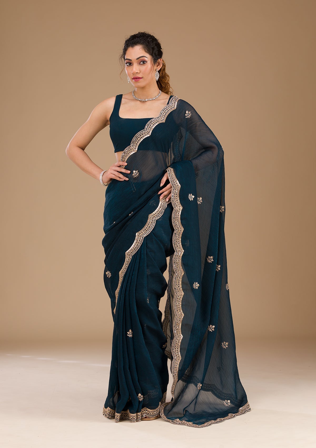 Koskii Peacock Blue Sequins Tissue Saree – Women's