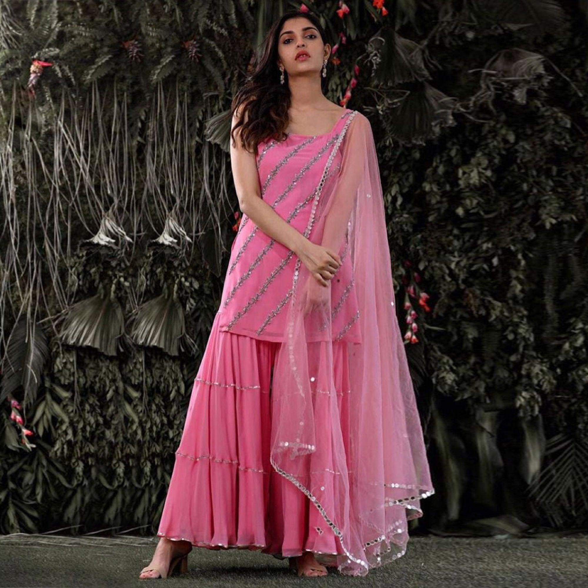 Peachmode Light Pink Embroidered Georgette Sharara Suit