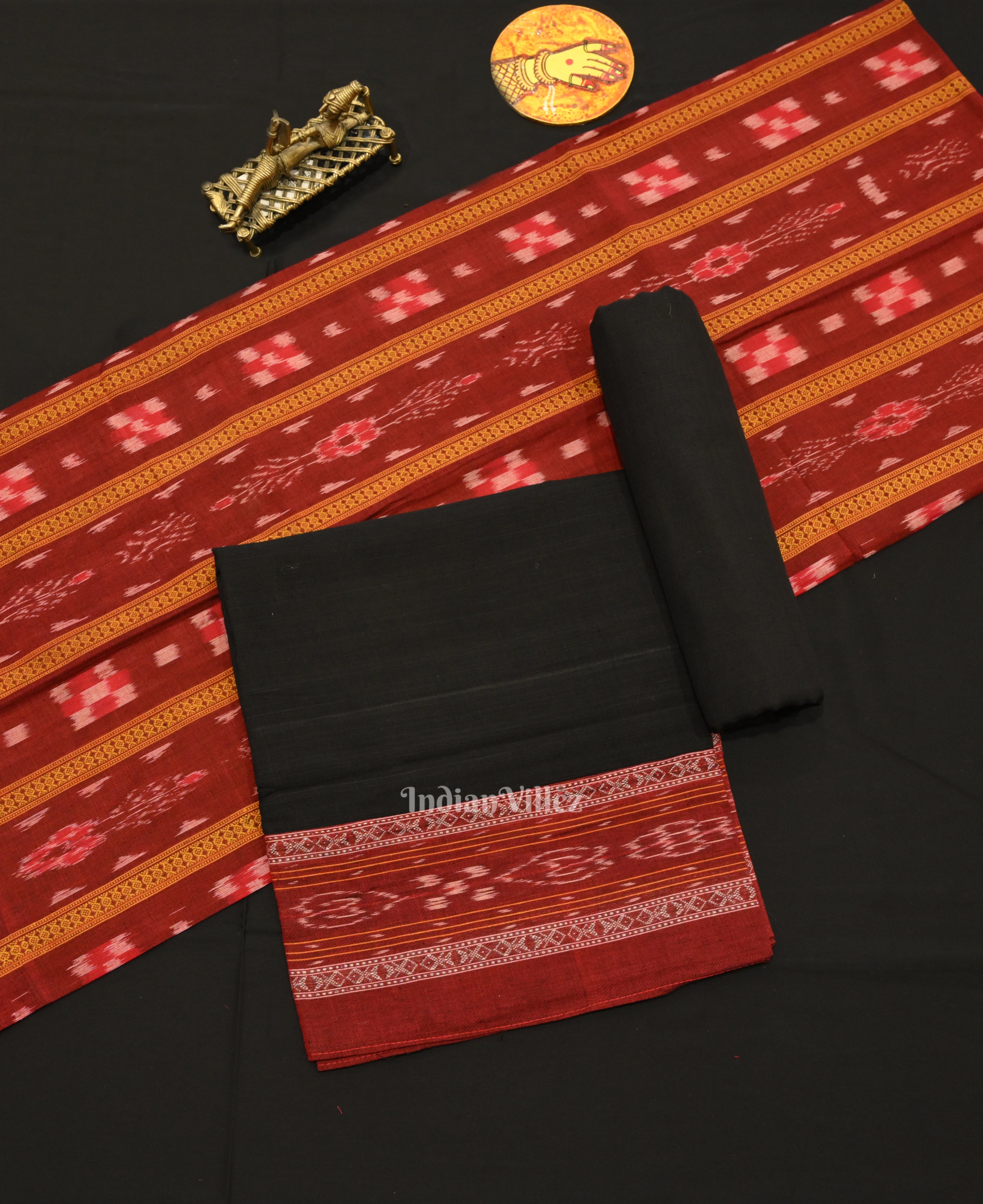 IndianVillèz Red Pure Cotton Sambalpuri Dress Material & Dupatta