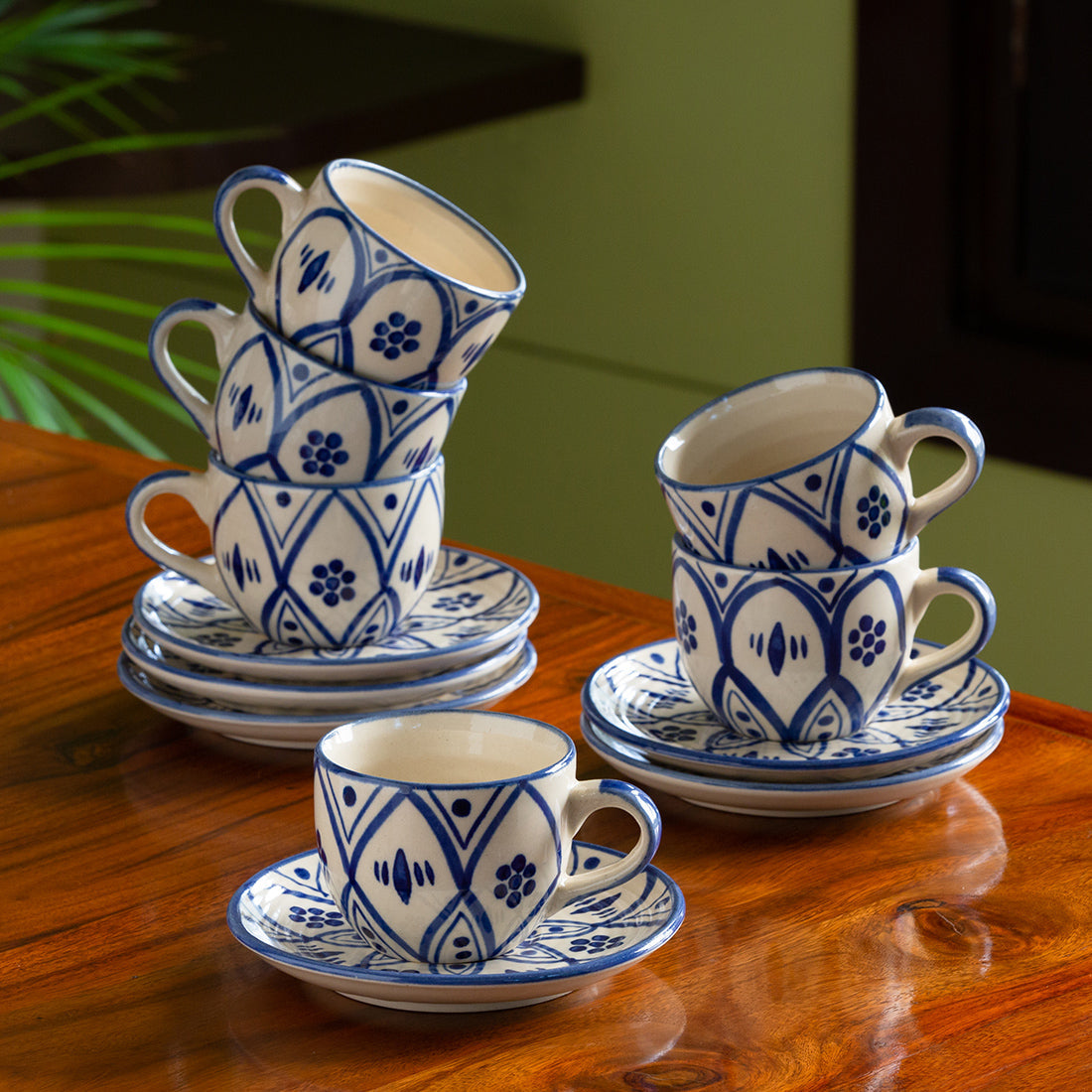 EXCLUSIVELANE 'Moroccan Floral' Handpainted Studio Pottery Tea Cups With Saucers In Ceramic (Set of 6, Microwave Safe)