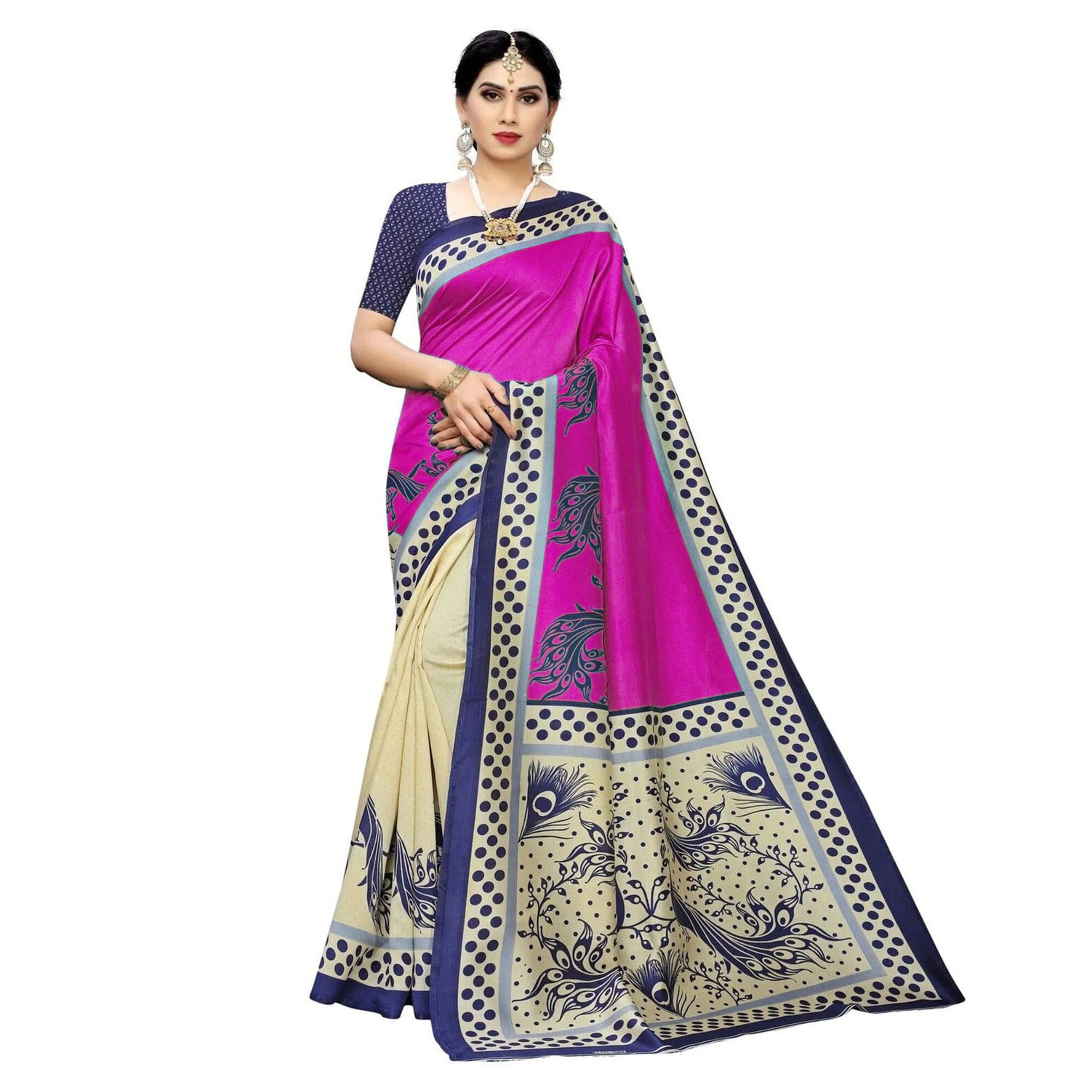 Peachmode Cream Pink Printed Art Silk Half N Half Saree