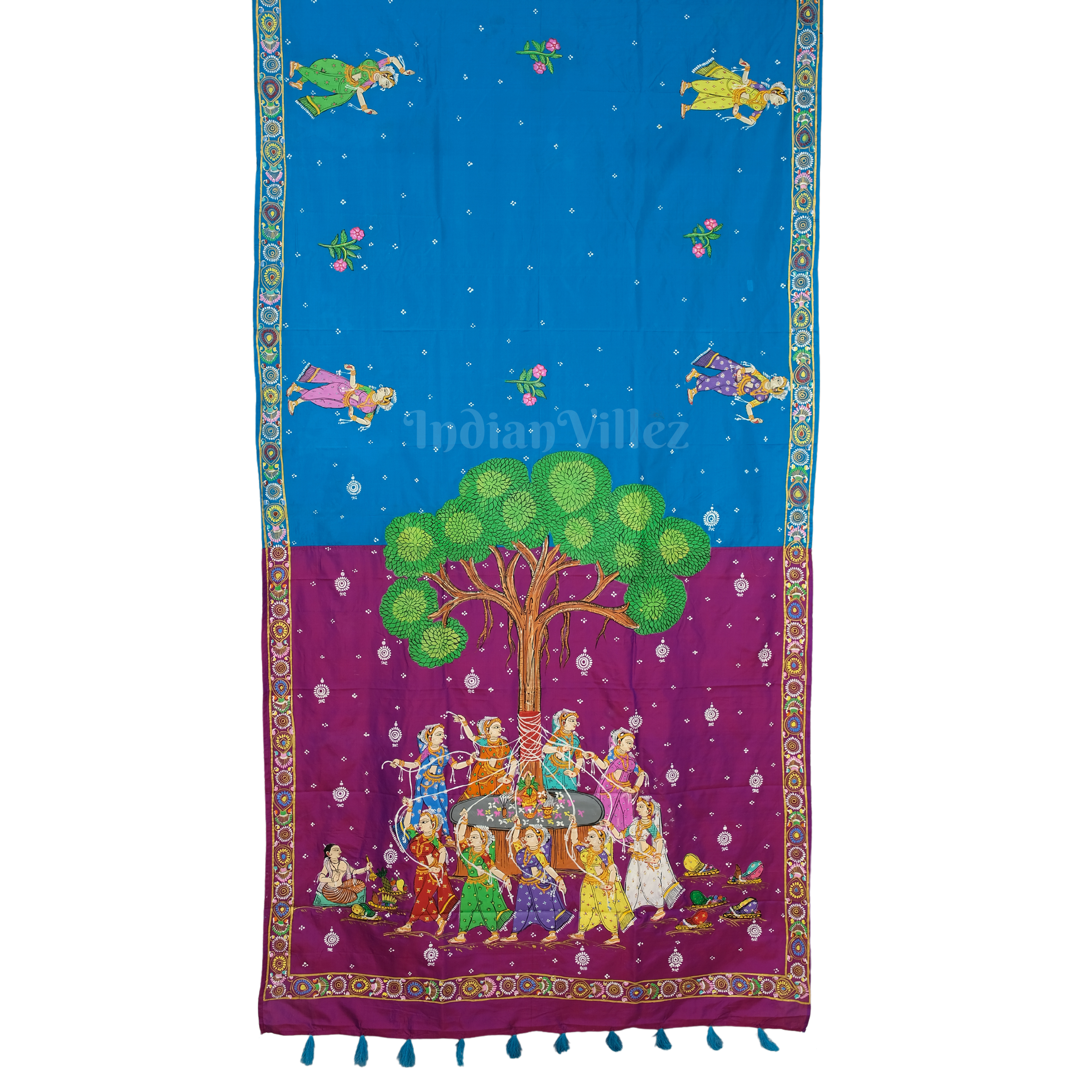 IndianVillèz Sky Blue & Magenta Vat Savitri Theme Pattachitra Saree