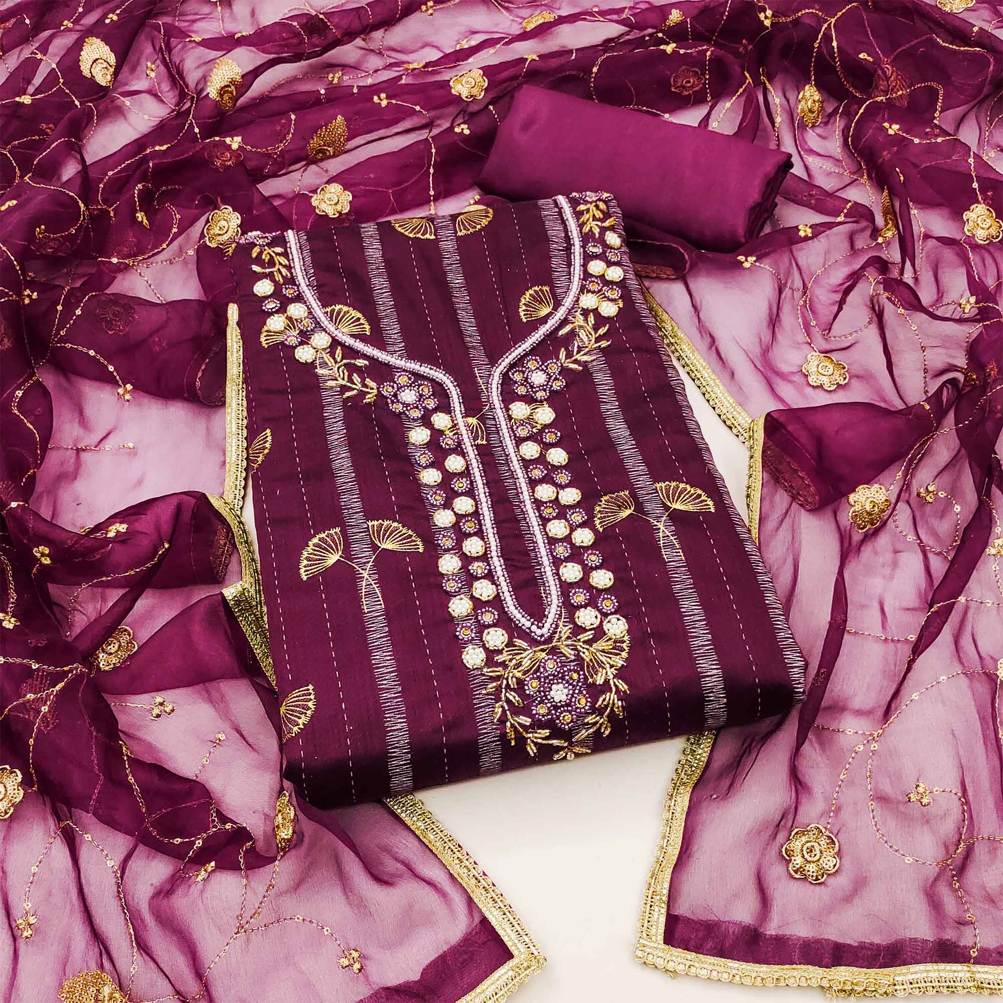 Peachmode Purple Floral Foil Printed With Handwork Chanderi Dress Material