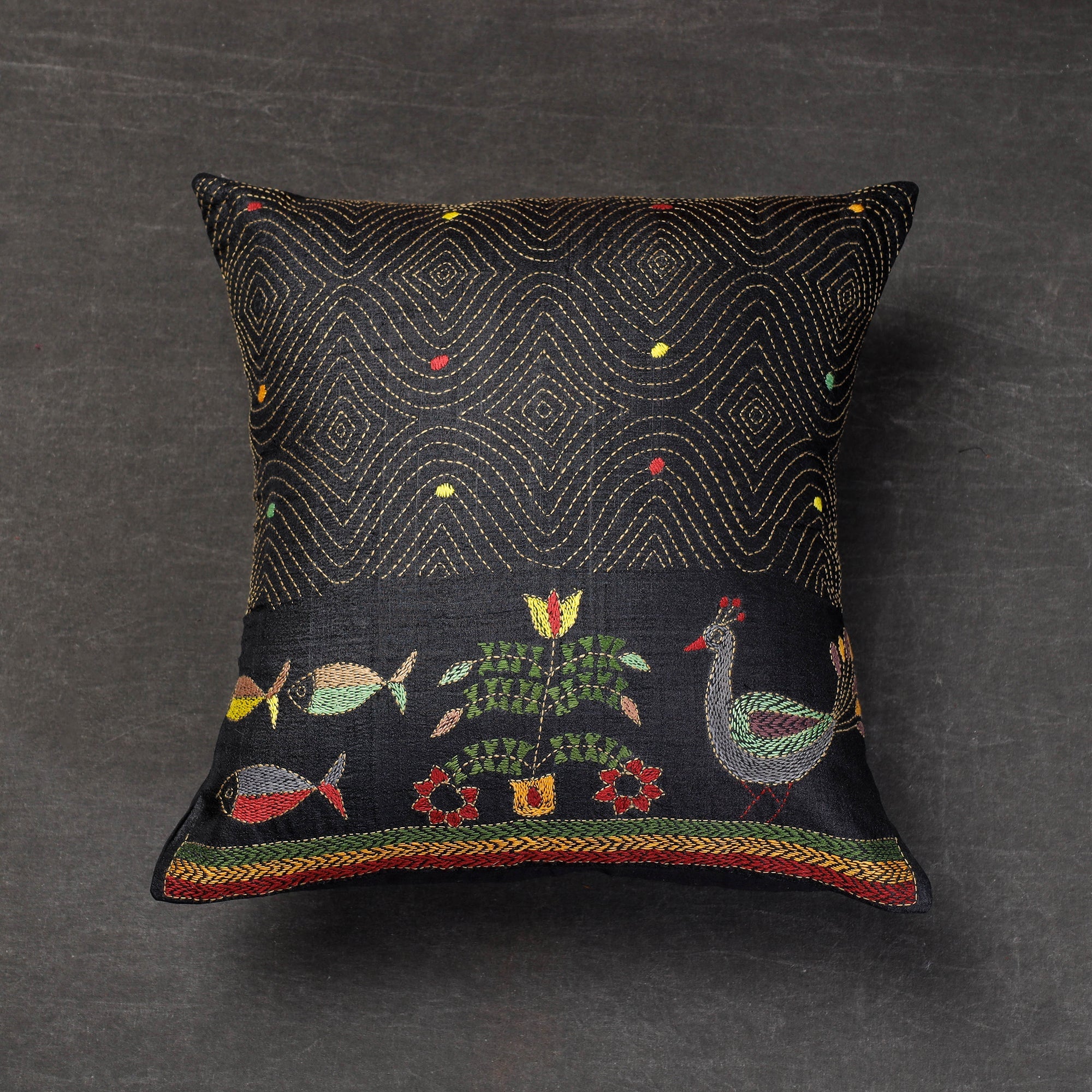 SASHA Black - Bengal Kantha Embroidery Mulberry Tussar Silk Cushion Cover (16 x 16 in)