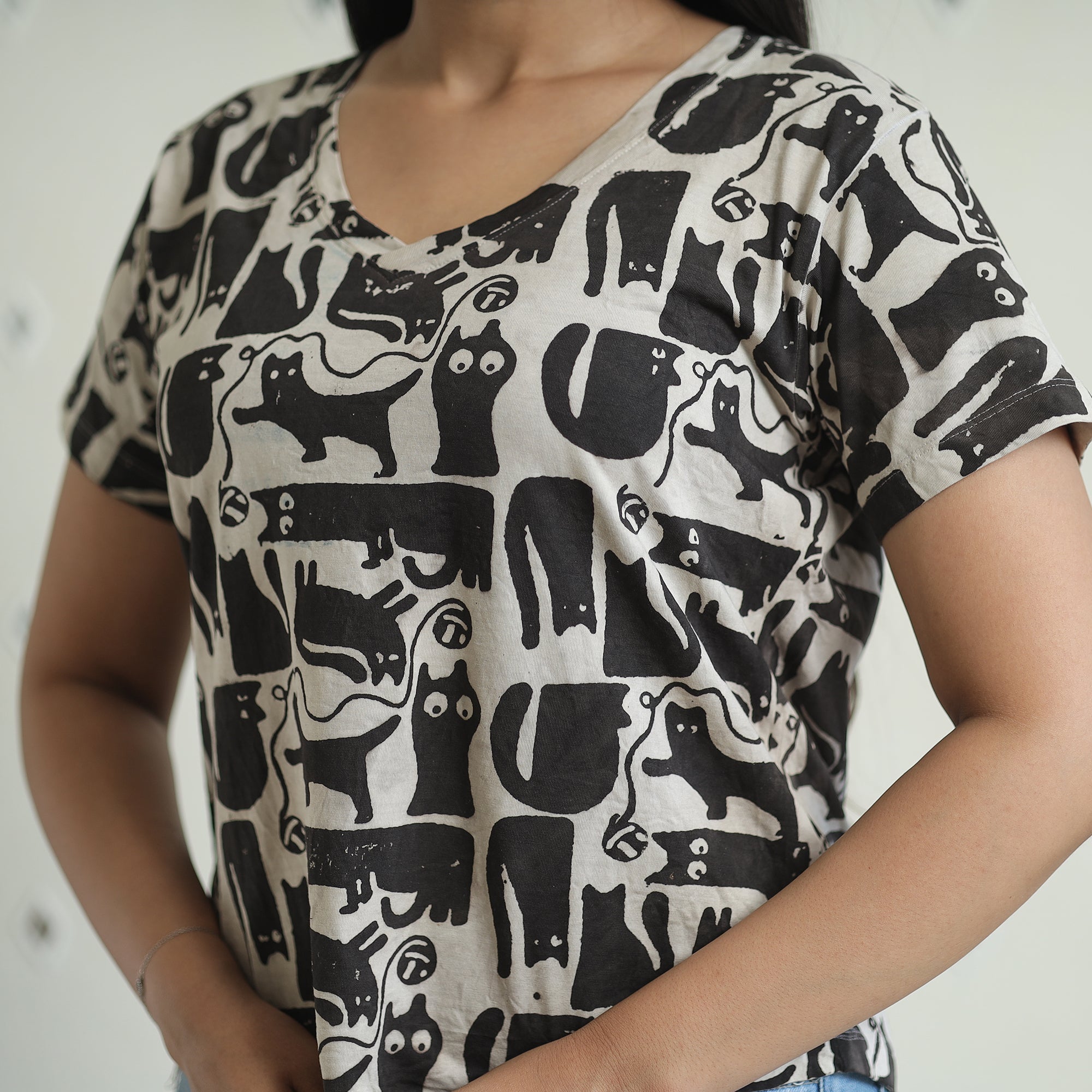 BINDAAS UNLIMITED Black - Bindaas Block Art Printed Cotton Women V Neck T-shirt 07 - view 4