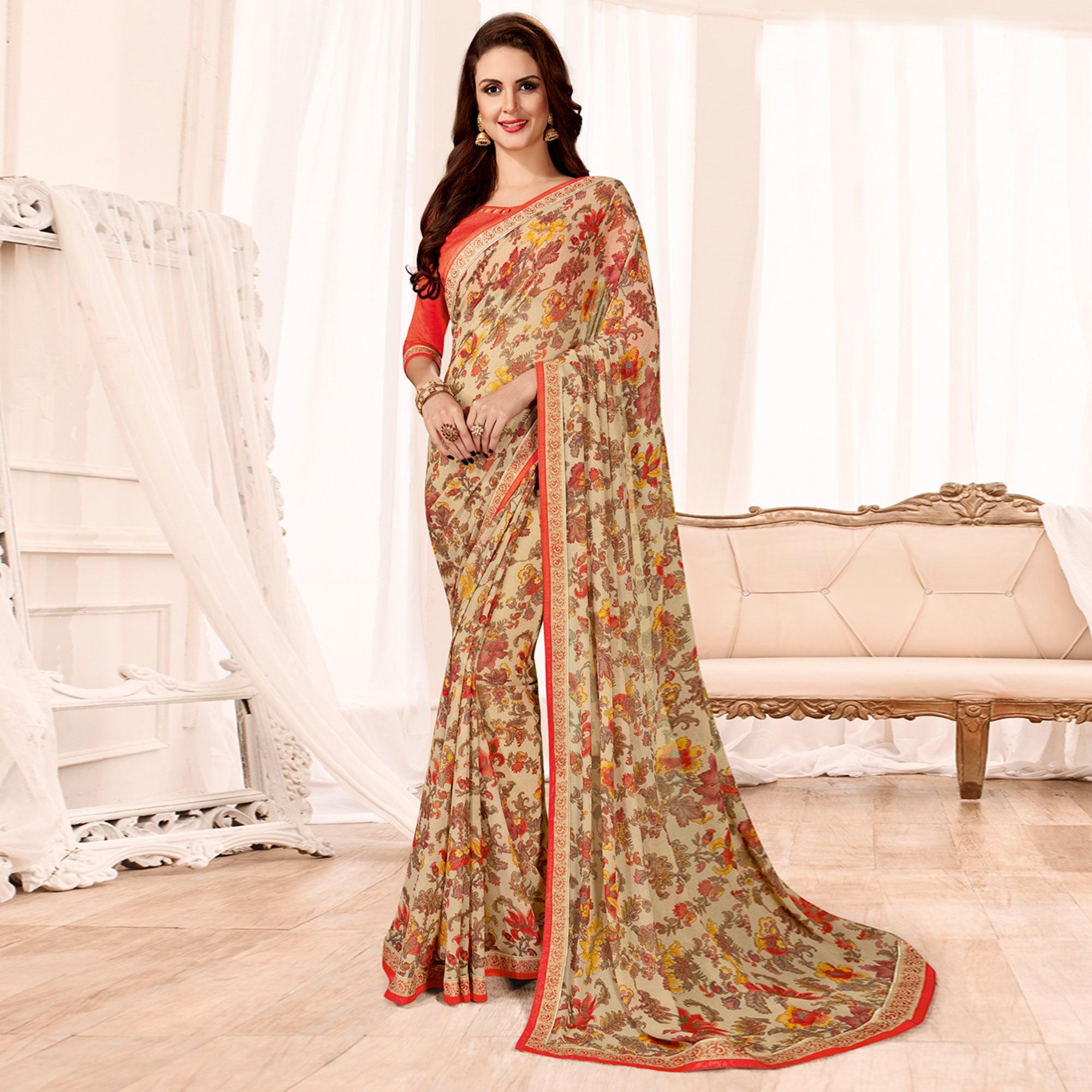 Peachmode Glorious Beige Colored Casual Wear Printed Georgette Saree