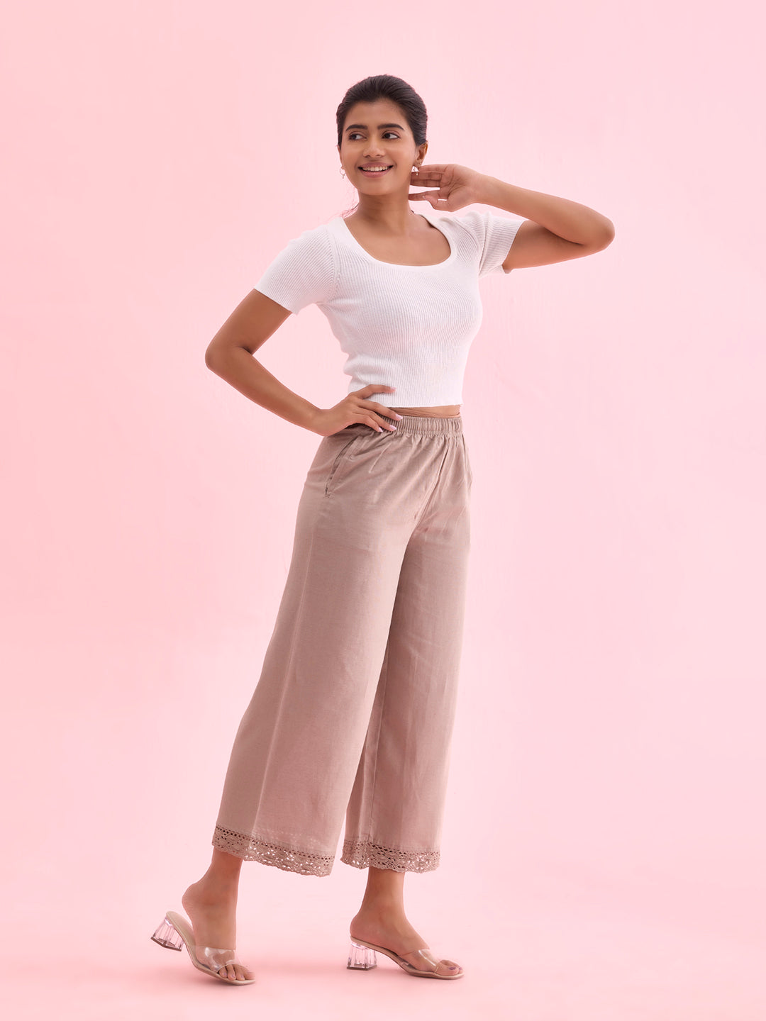 Go Colors Women Solid Khaki Mid Rise Linen Wide Pant