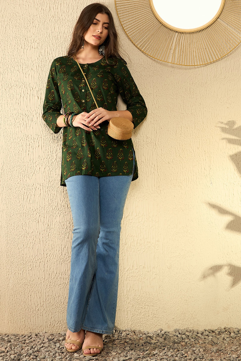 Ahika Green Cotton Blend Ethnic Motifs Printed Regular Tunic VT1297 - view 3