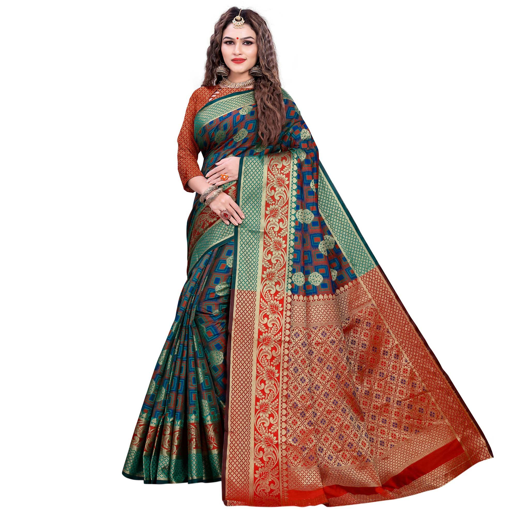 Peachmode Demanding Turquoise Green-Green Colored Festive Wear Woven Cotton Silk Jacquard Saree
