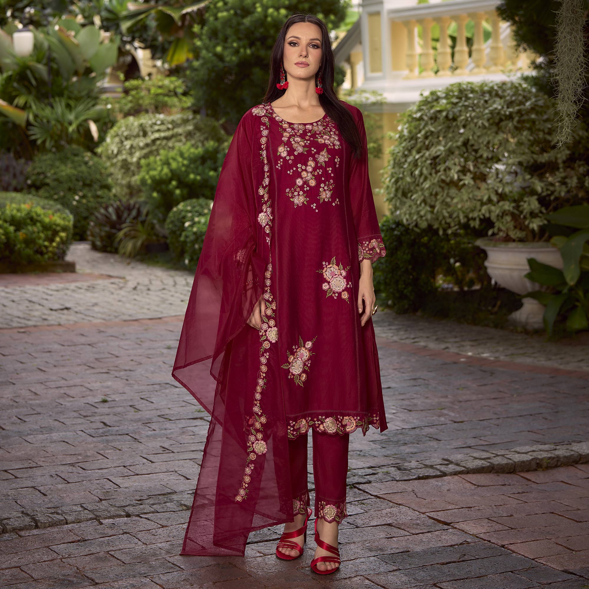 Peachmode Maroon Floral Handwork Embroidered Viscose Salwar Suit - view 2