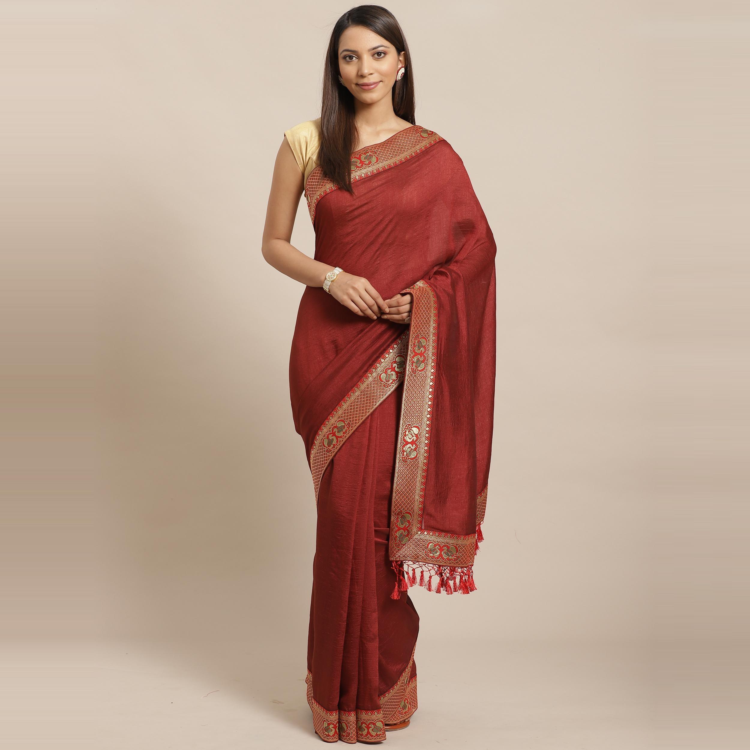 Peachmode Flamboyant Brown Colored Festive Woven Silk Blend Saree