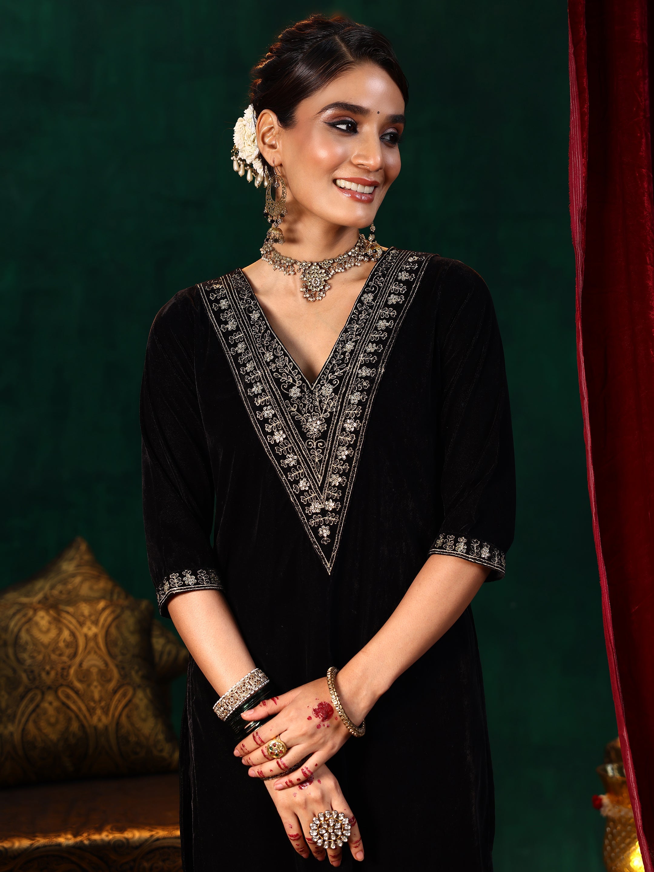 Libas Black Yoke Design Velvet Straight Suit With Dupatta - view 6