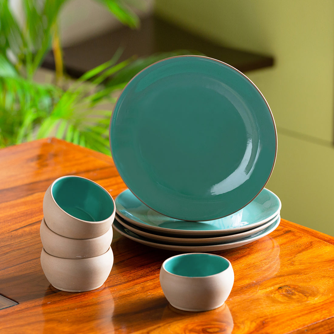 EXCLUSIVELANE 'Earthen Turquoise' Hand Glazed Dinner Plates With Katoris In Ceramic (8 Pieces, Serving for 4, Microwave Safe)