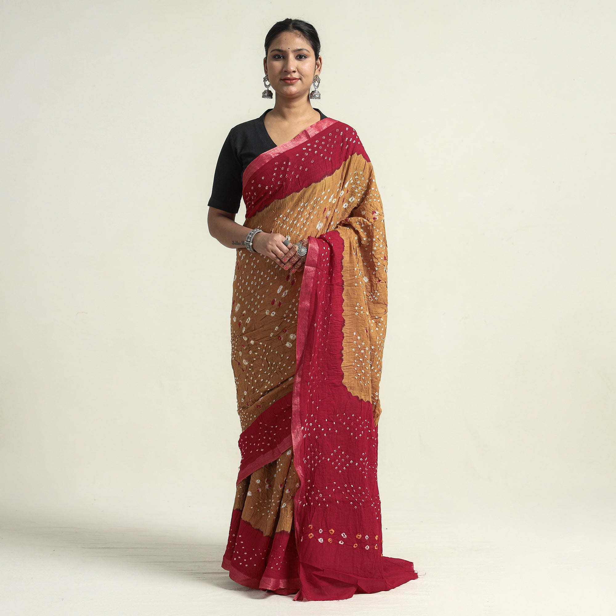 KACHCHH JI CHHAAP Brown - Kutch Bandhani Tie-Dye Cotton Saree with Blouse Piece