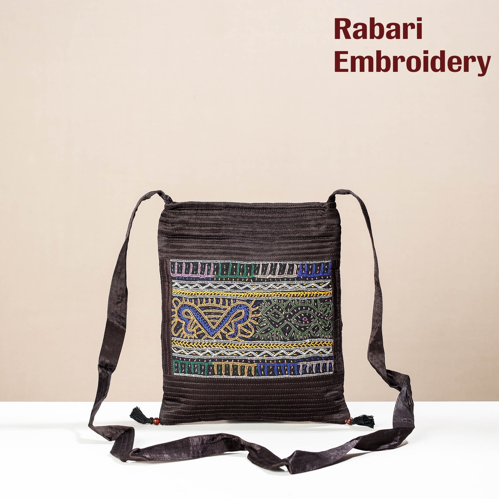 KACHCHH JI CHHAAP Brown - Kutch Rabari Hand Embroidery Mashru Silk Sling Bag