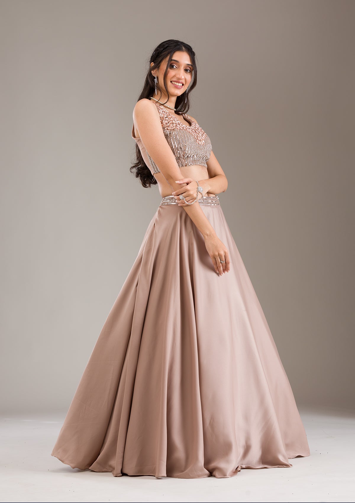 Koskii Light Brown Sequins Satin Readymade Lehenga - view 6