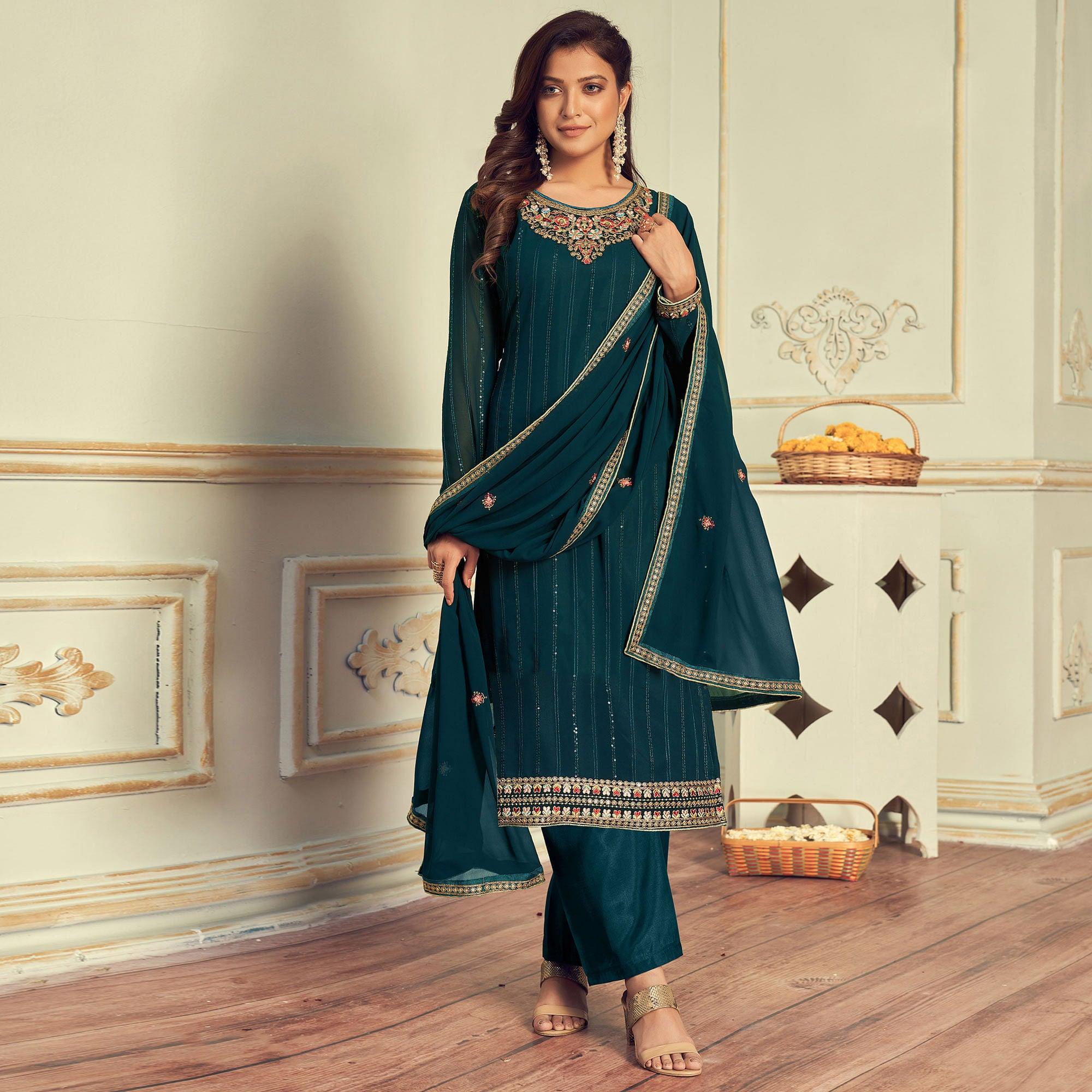 Peachmode Morpich Partywear Embroidery With Embellished Georgette Suit - view 6