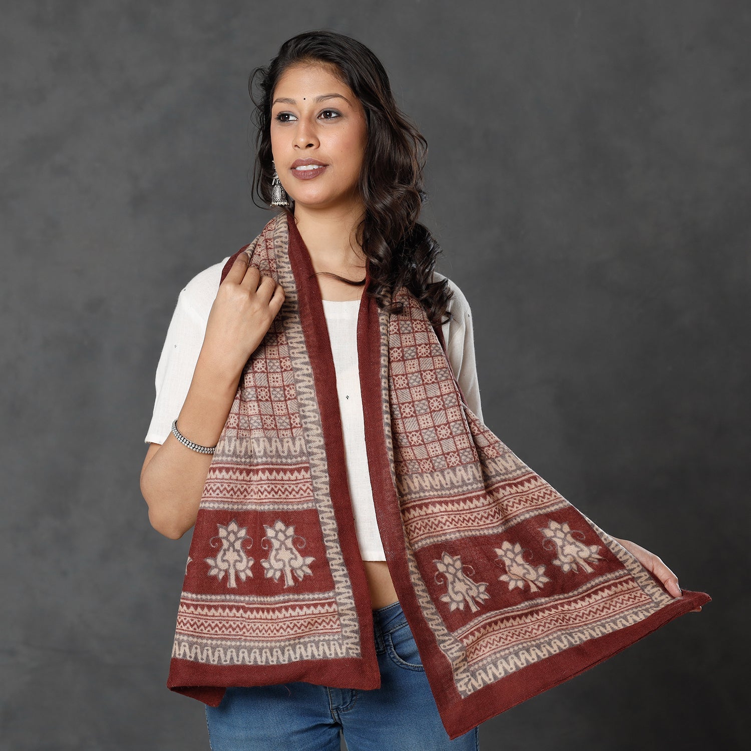 BAGH PRINTS BY MOHAMMED BILAL KHATRI Brown - Bagh Block Printed Natural Dyed Woolen Muffler (61 in) - view 2