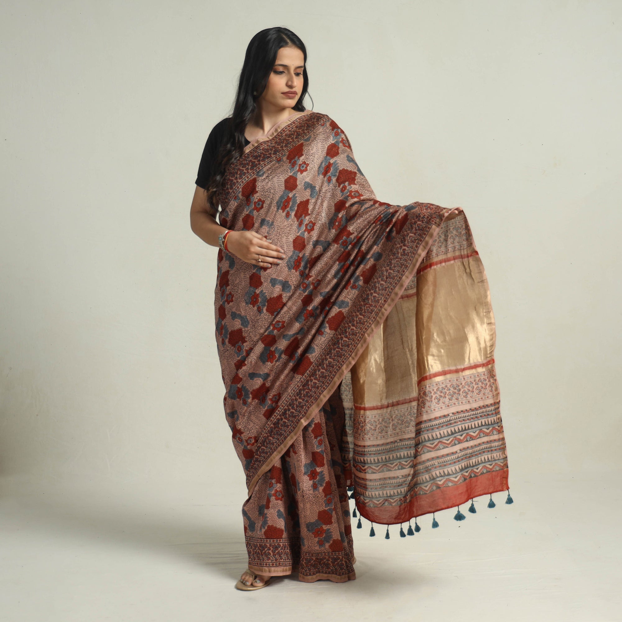 AJRAKH BY JABBAR KHATRI Brown - Chanderi Silk Block Printed Ajrakh Saree 15 - view 2