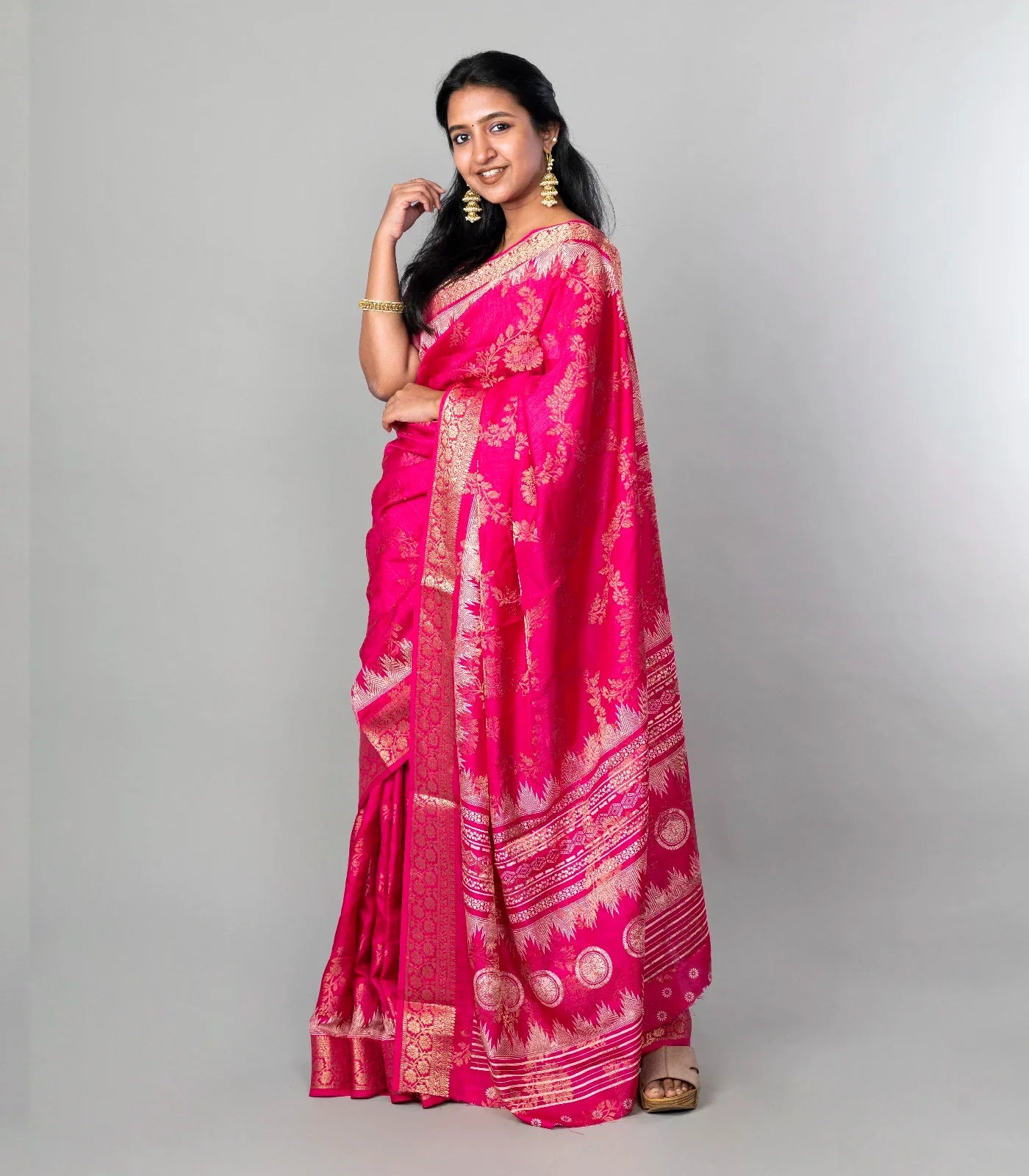 RmKV Hot Pink Woven Dola Synthetic Saree With Floral Motifs - view 2