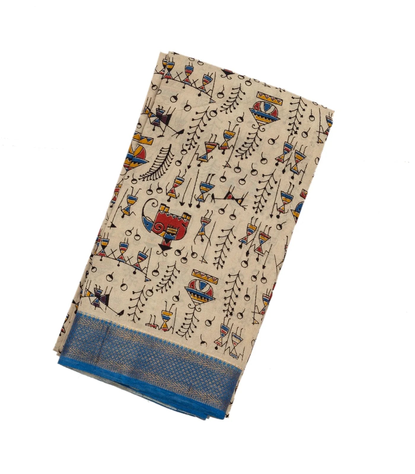 RmKV Cream Handloom Kalamkari Cotton Saree With Printed Tribal Motifs