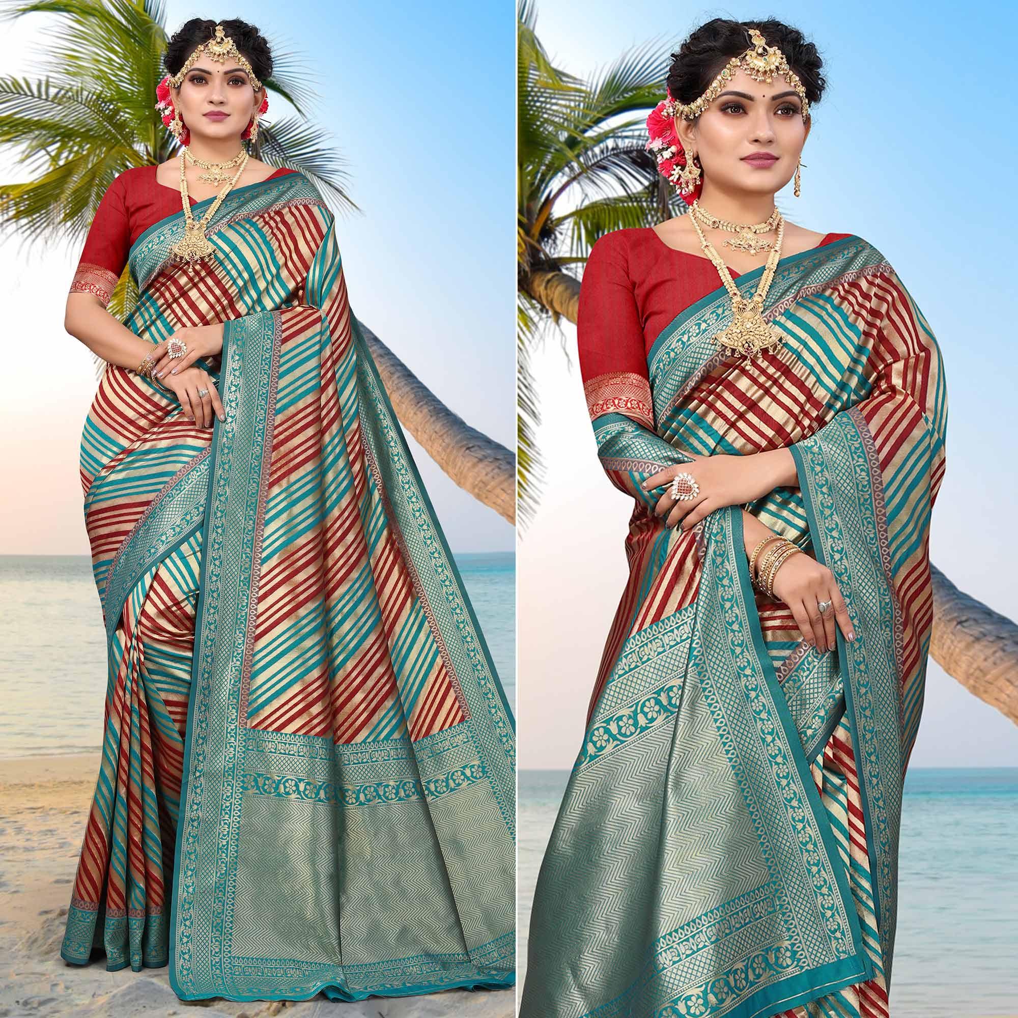 Peachmode Blue Stripe Printed Pure Silk Saree