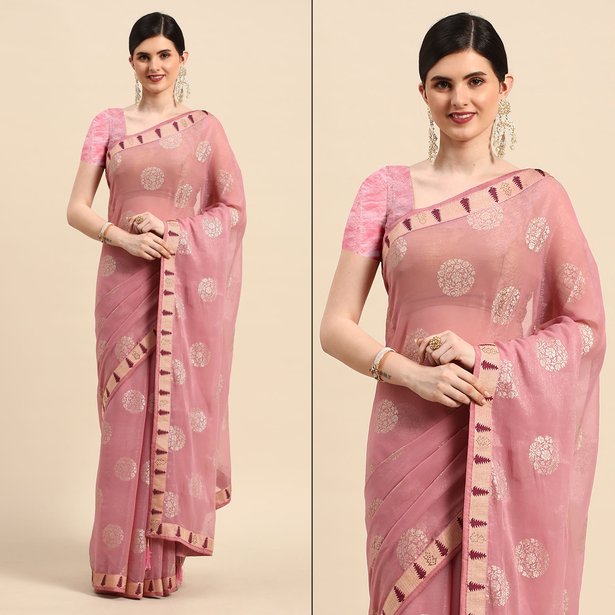 Peachmode Light Purple Foil Printed With Swarovski Chiffon Saree