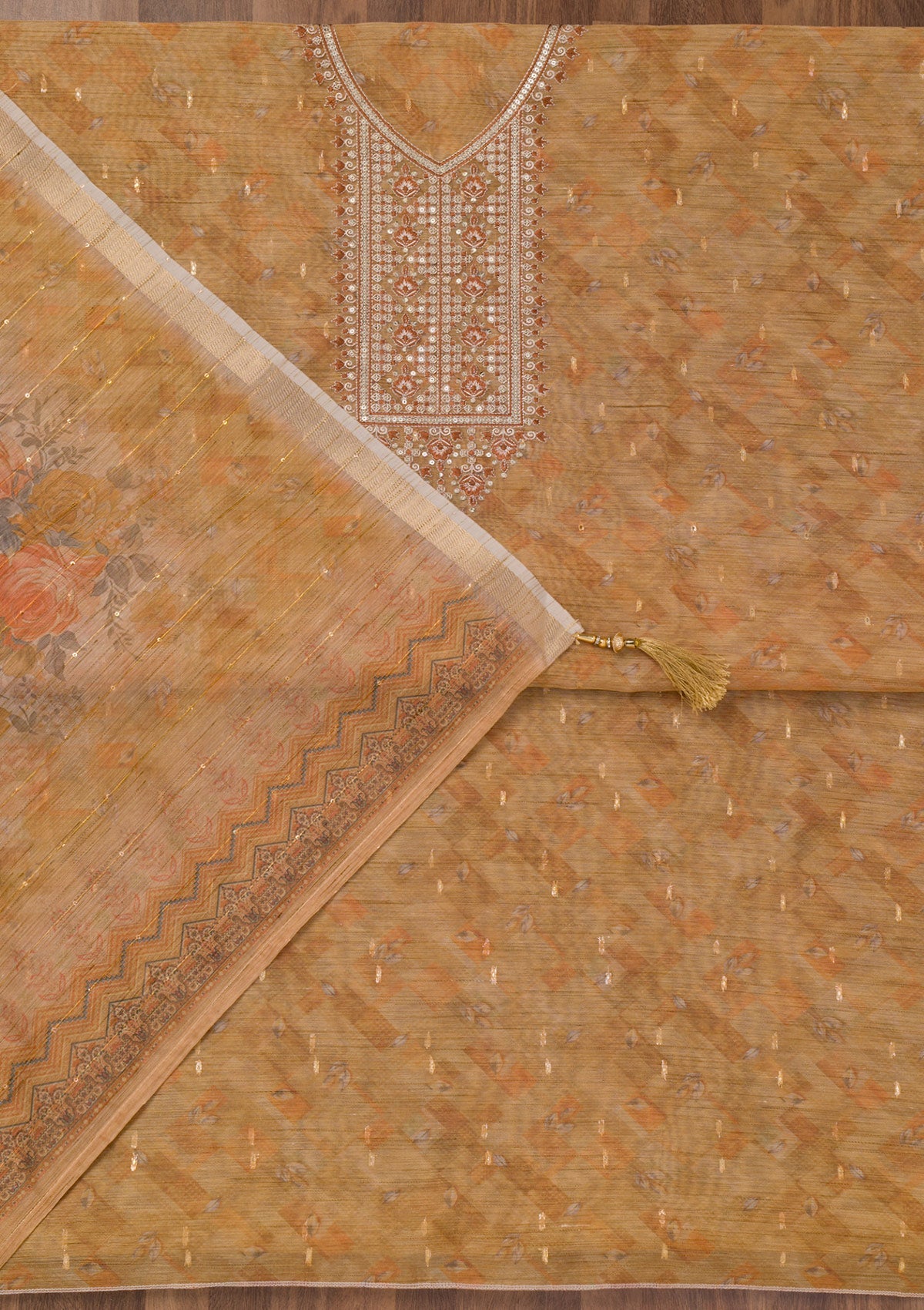 Koskii Mehendi Printed Raw Silk Unstitched Salwar Suit - view 4