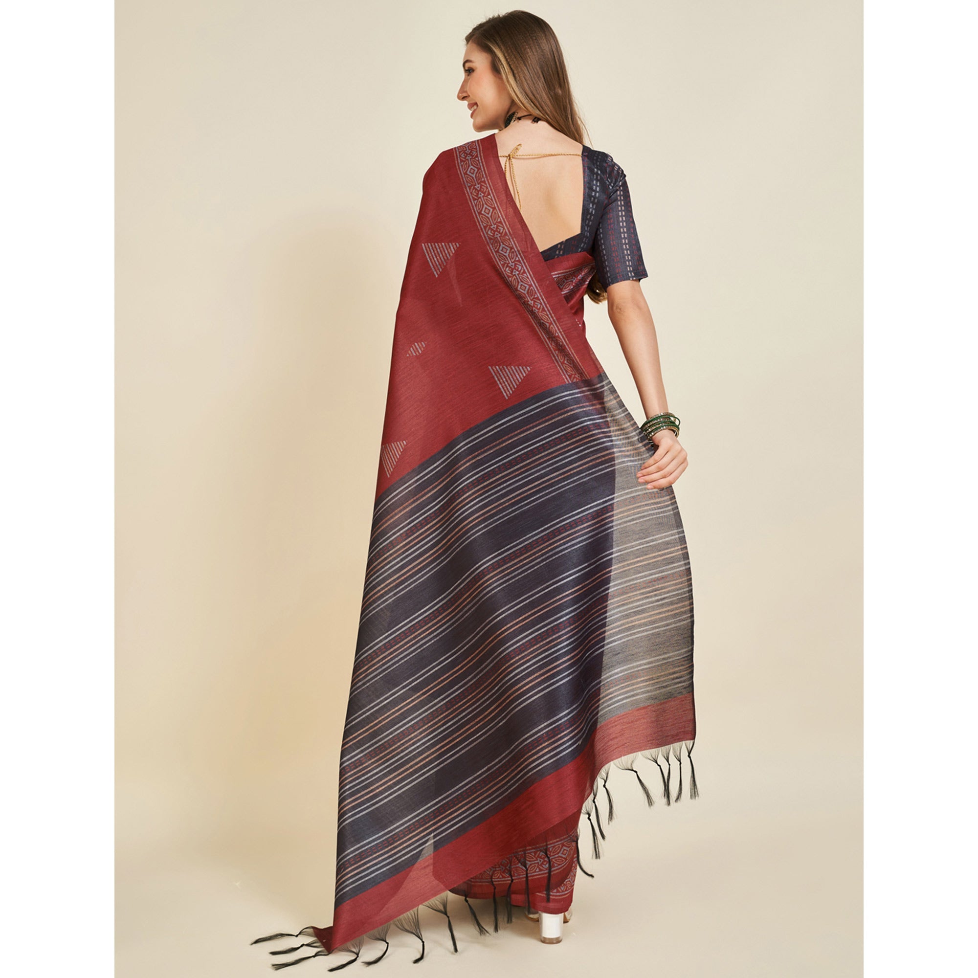 Peachmode Maroon Digital Printed Bhagalpuri Silk Saree With Tassels - view 6