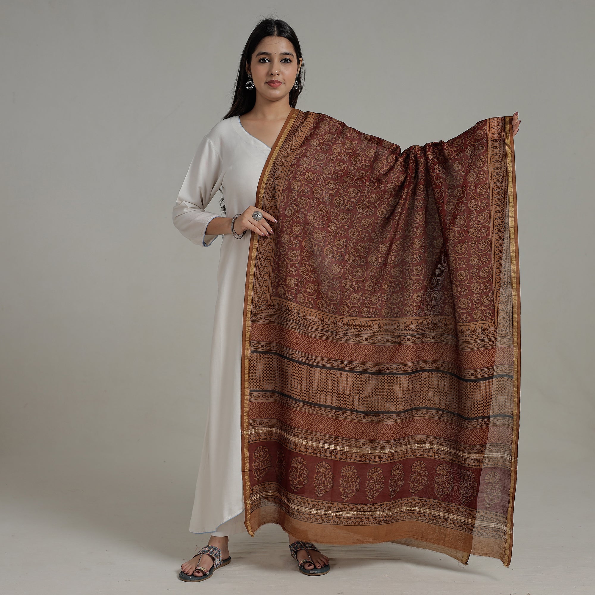 BAGH PRINTS BY MOHAMMED RAFIK KHATRI Brown - Natural Dyed Hand Block Print Chanderi Silk Bagh Dupatta 20 - view 2
