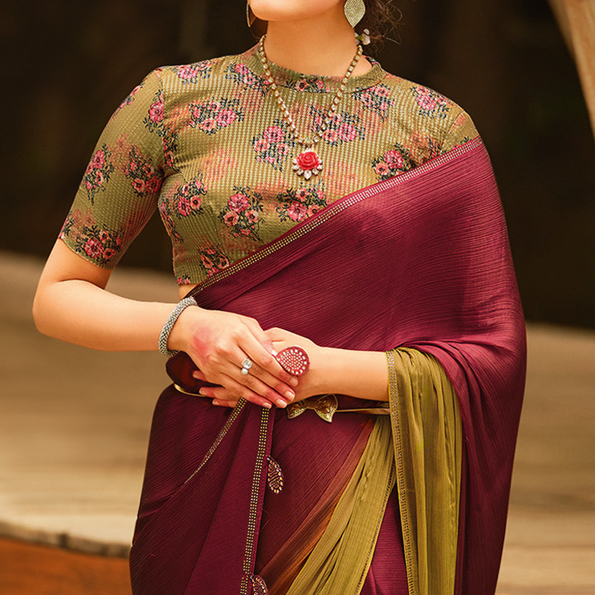 Peachmode Maroon & Green Printed With Swarovski Work Chiffon Ombre Saree - view 2