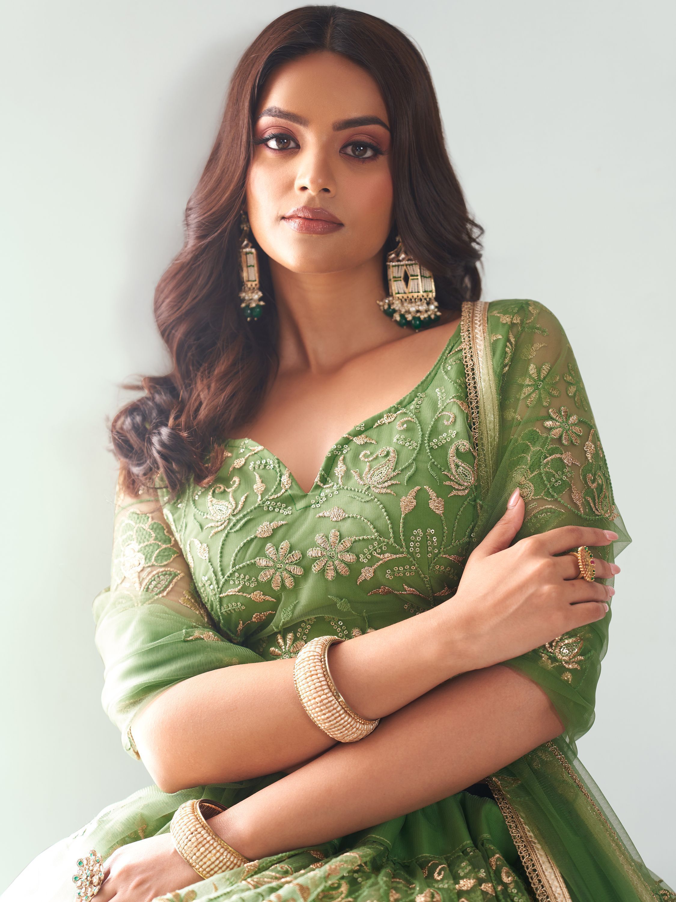 ClothsVilla Elegant Green Embroidered Net Mehendi Lehenga Choli - view 6