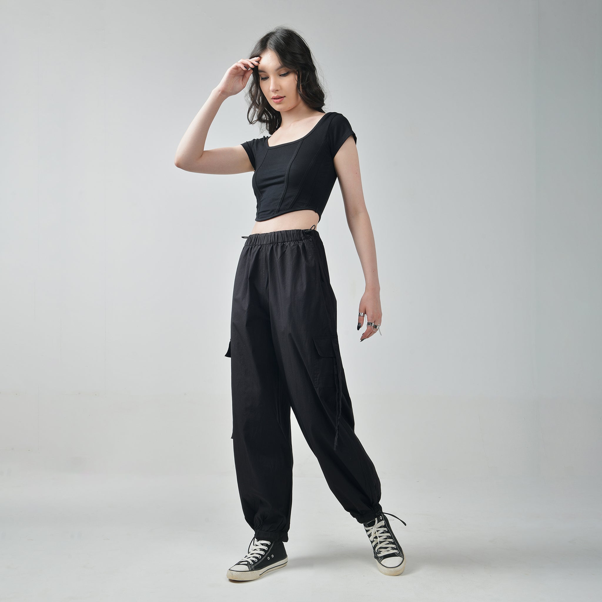 I Z F Black Corset Crop Top & Black Cargo Parachute Pants