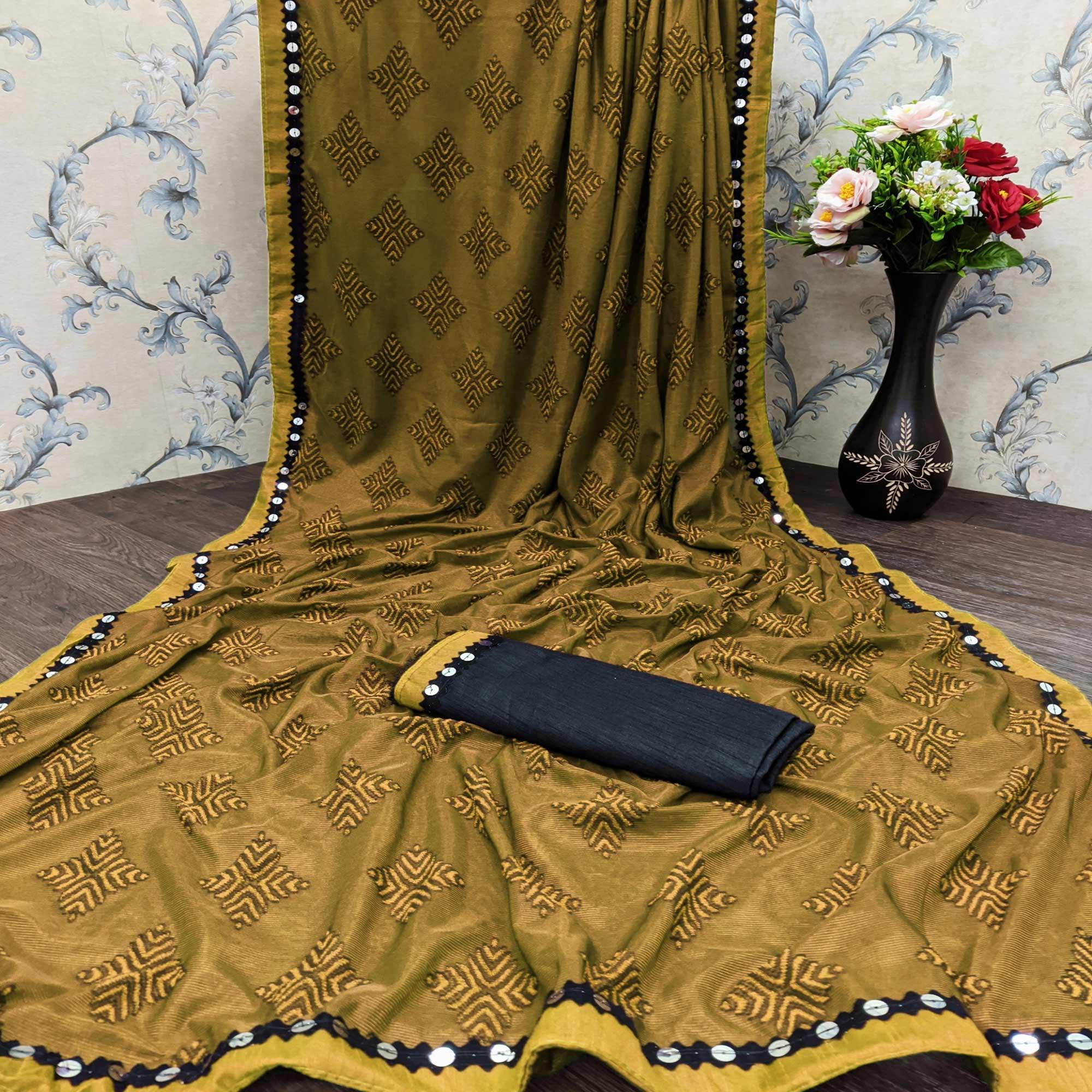 Peachmode Imposing Mustard Colored Festive Wear Woven Art Silk Saree